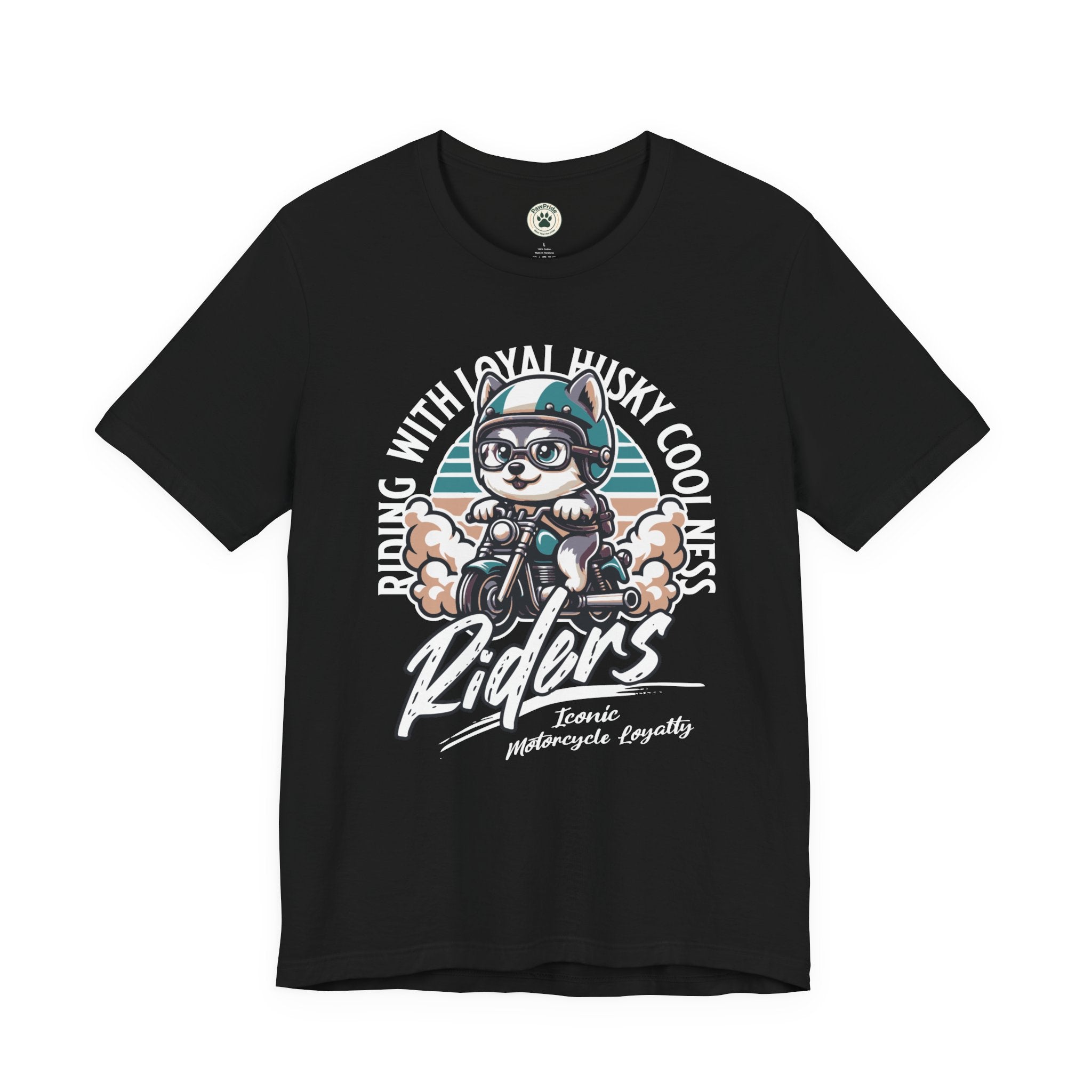 Riders Cat Motorcycle Tee — "Riding With Loyal Husky Coolness" Graphic Shirt