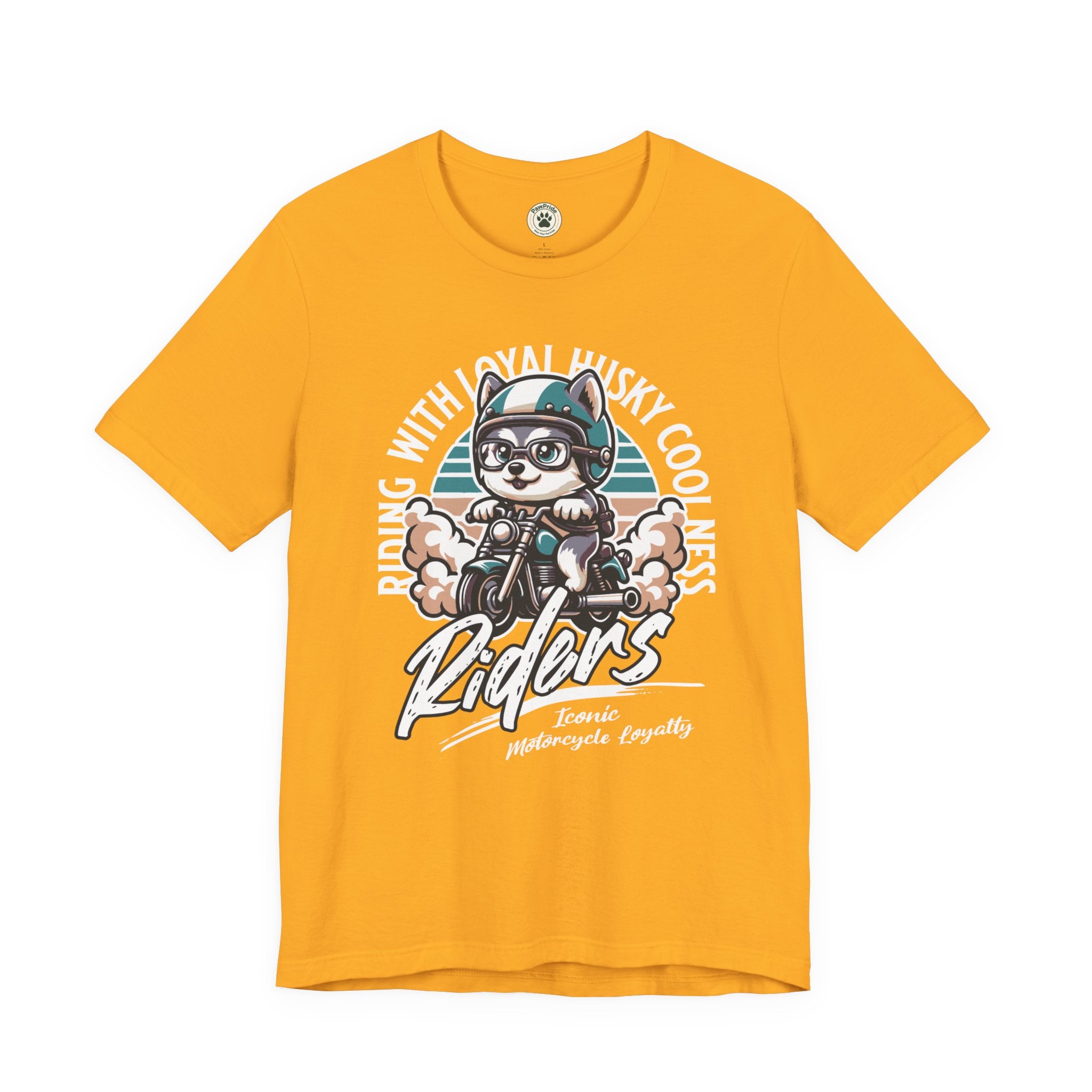 Riders Cat Motorcycle Tee — "Riding With Loyal Husky Coolness" Graphic Shirt