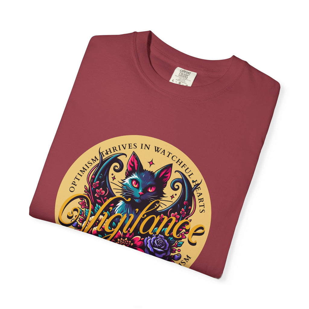 Vigilance Cat Graphic T-Shirt — Retro Floral Crest Tee