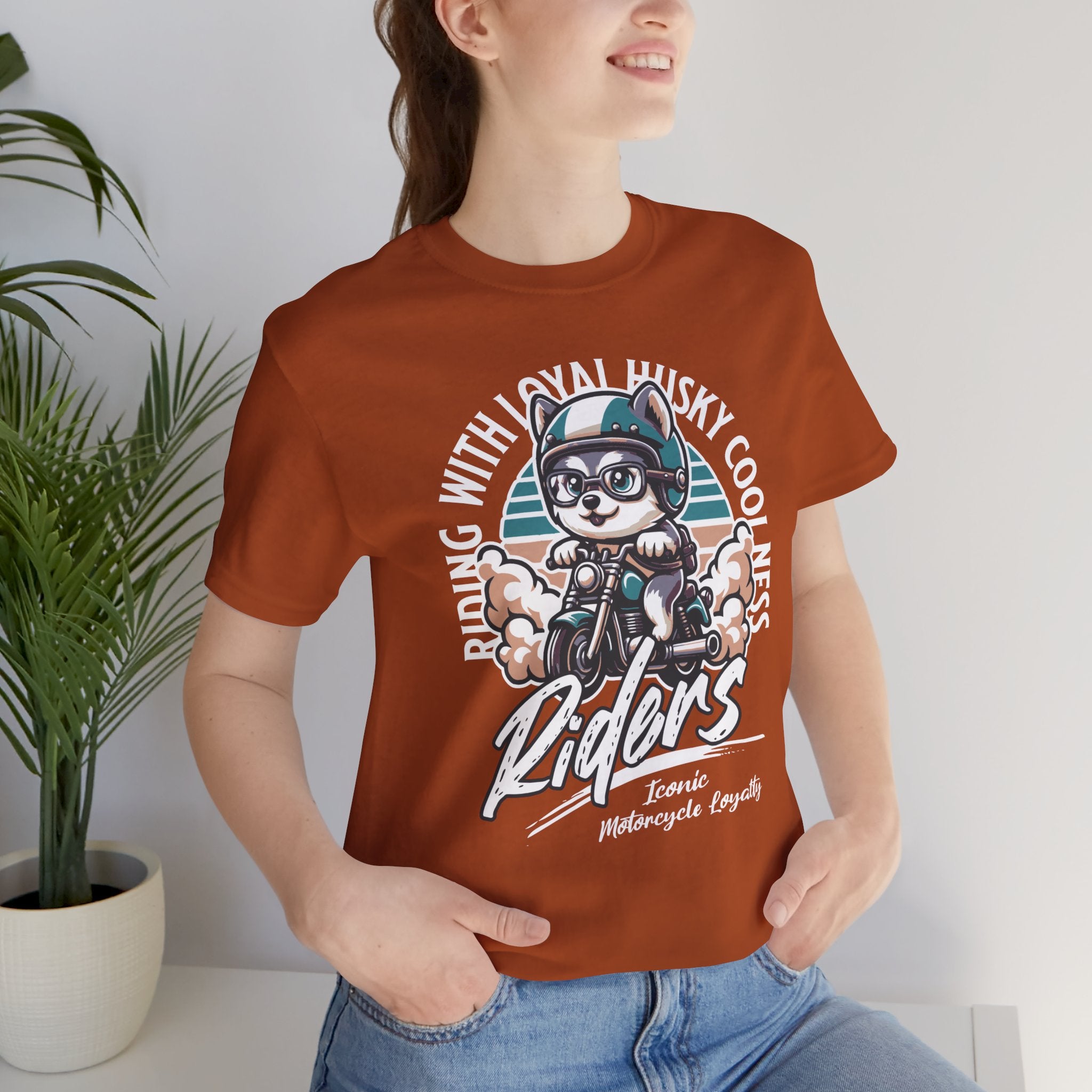 Riders Cat Motorcycle Tee — "Riding With Loyal Husky Coolness" Graphic Shirt