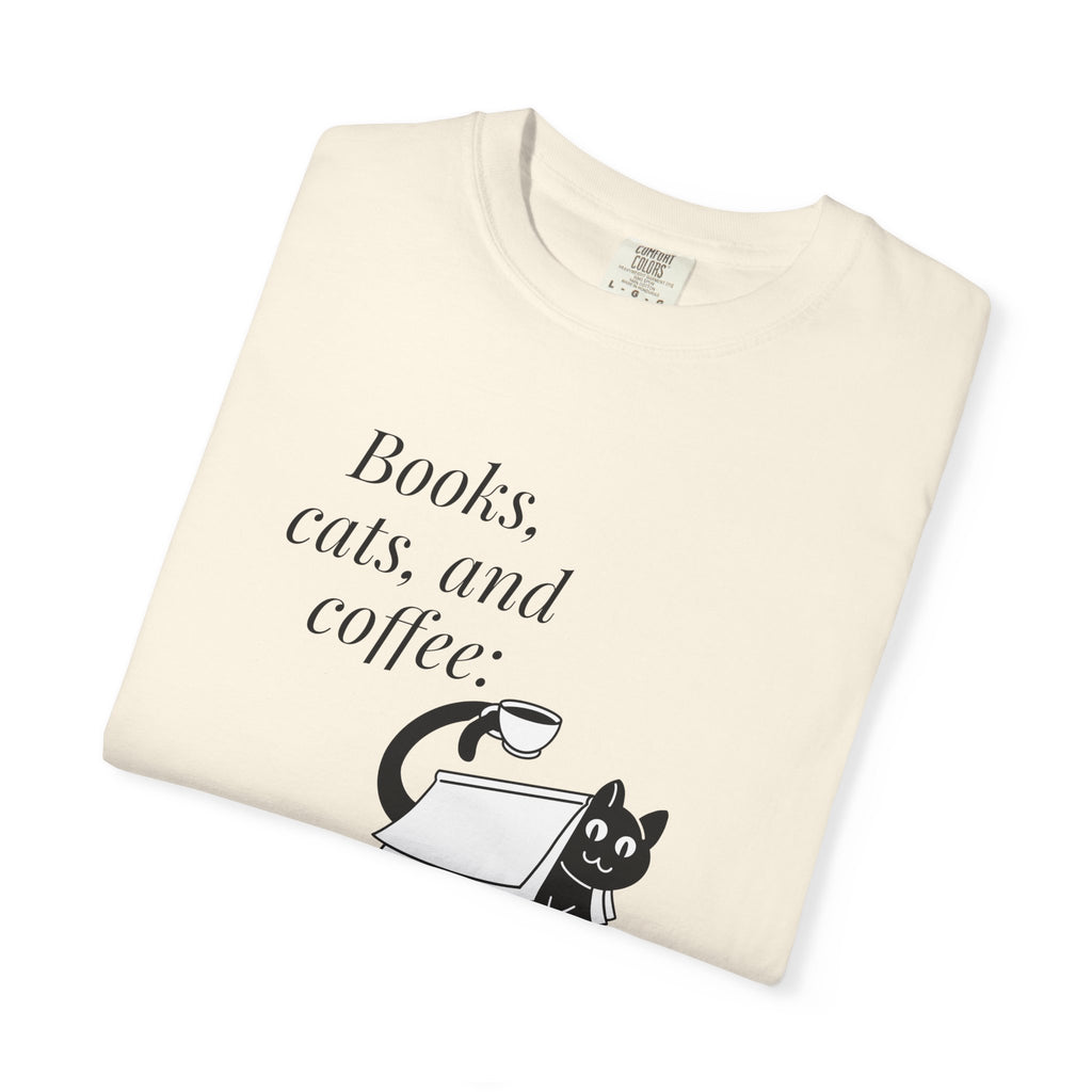 Books, Cats, and Coffee T-Shirt — "Perfect Trio" Cozy Reader Tee