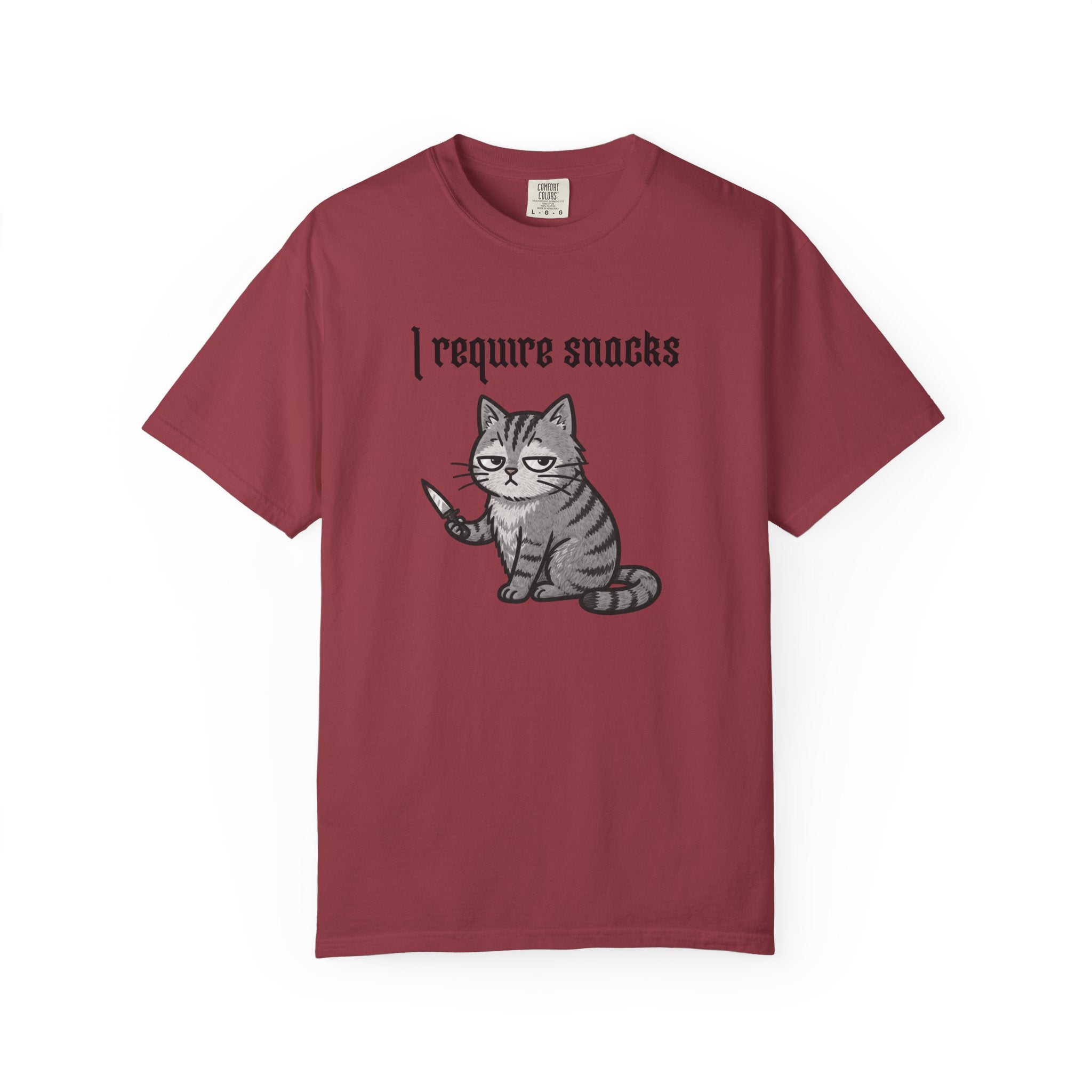 I Require Snacks Cat T‑Shirt — Cute Grumpy Kitty Graphic Tee