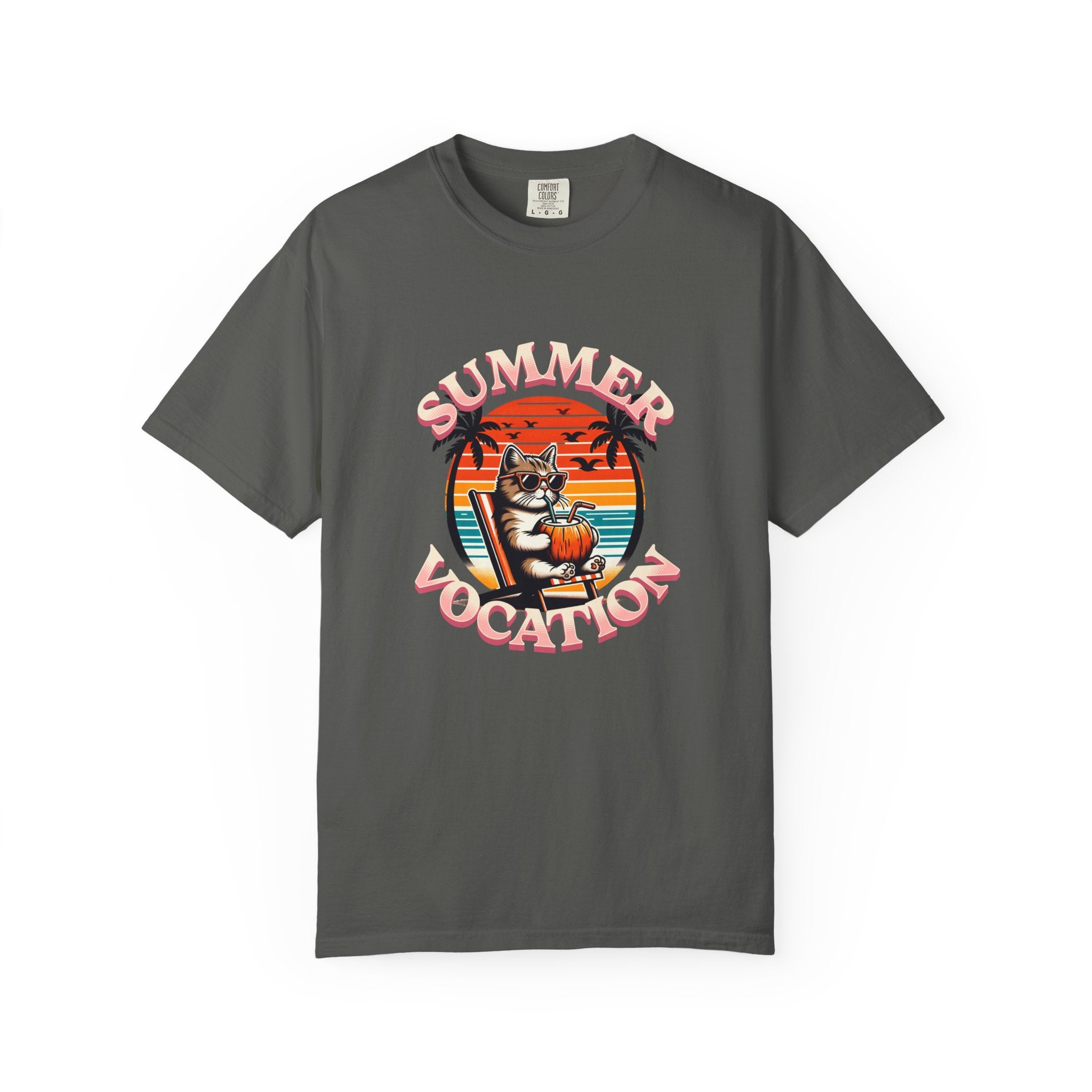 Summer Vacation T‑Shirt — Retro Cat on Beach Graphic