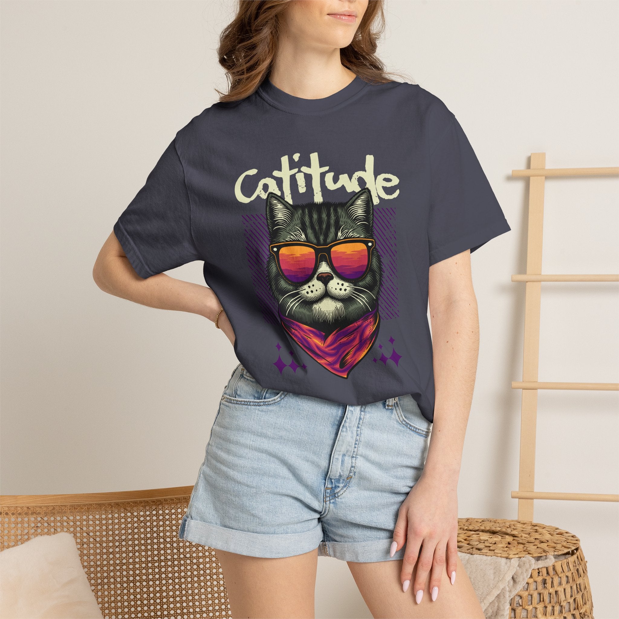 Cattitude Cat Tee — Retro Sunglasses & Bandana Graphic T-Shirt