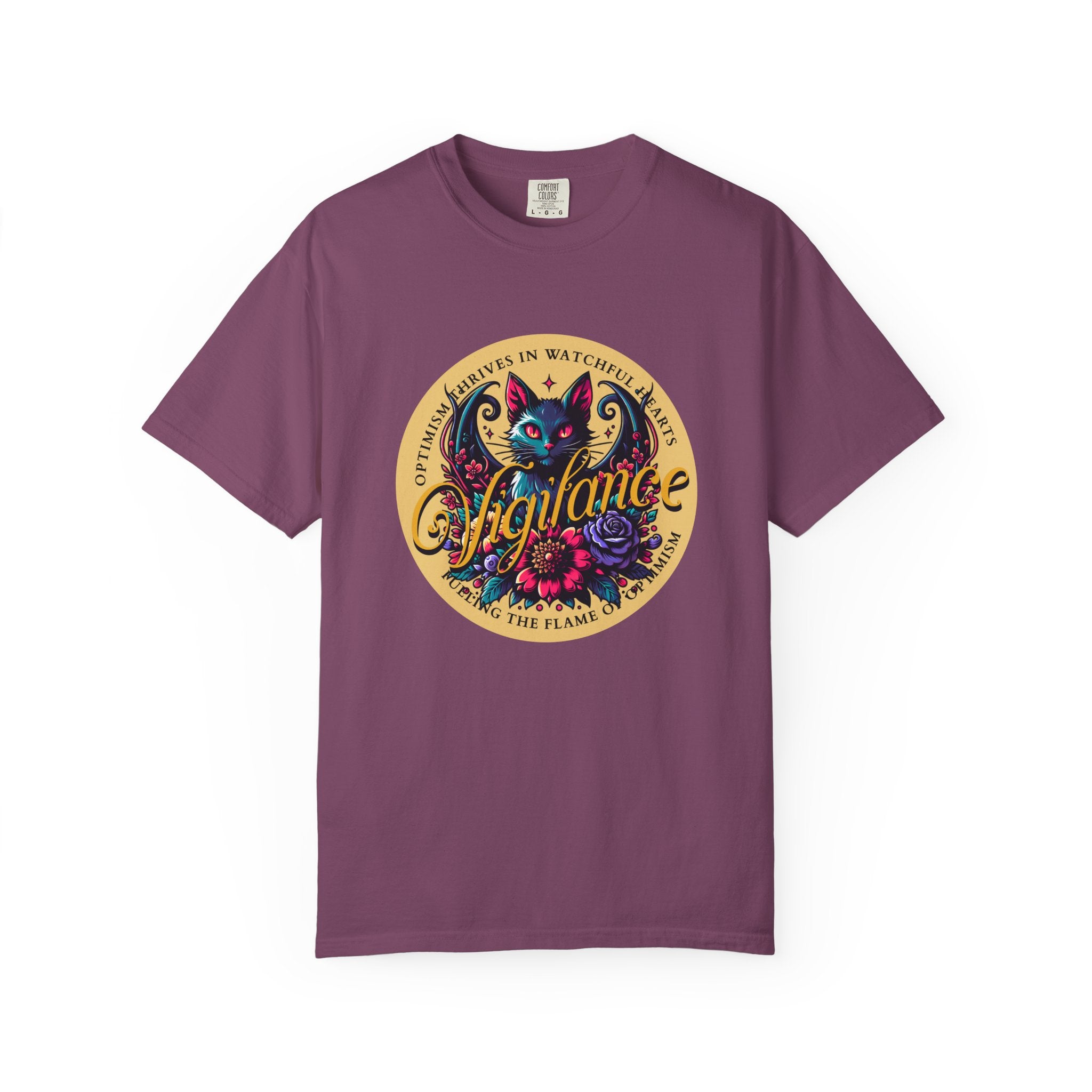 Vigilance Cat Graphic T-Shirt — Retro Floral Crest Tee