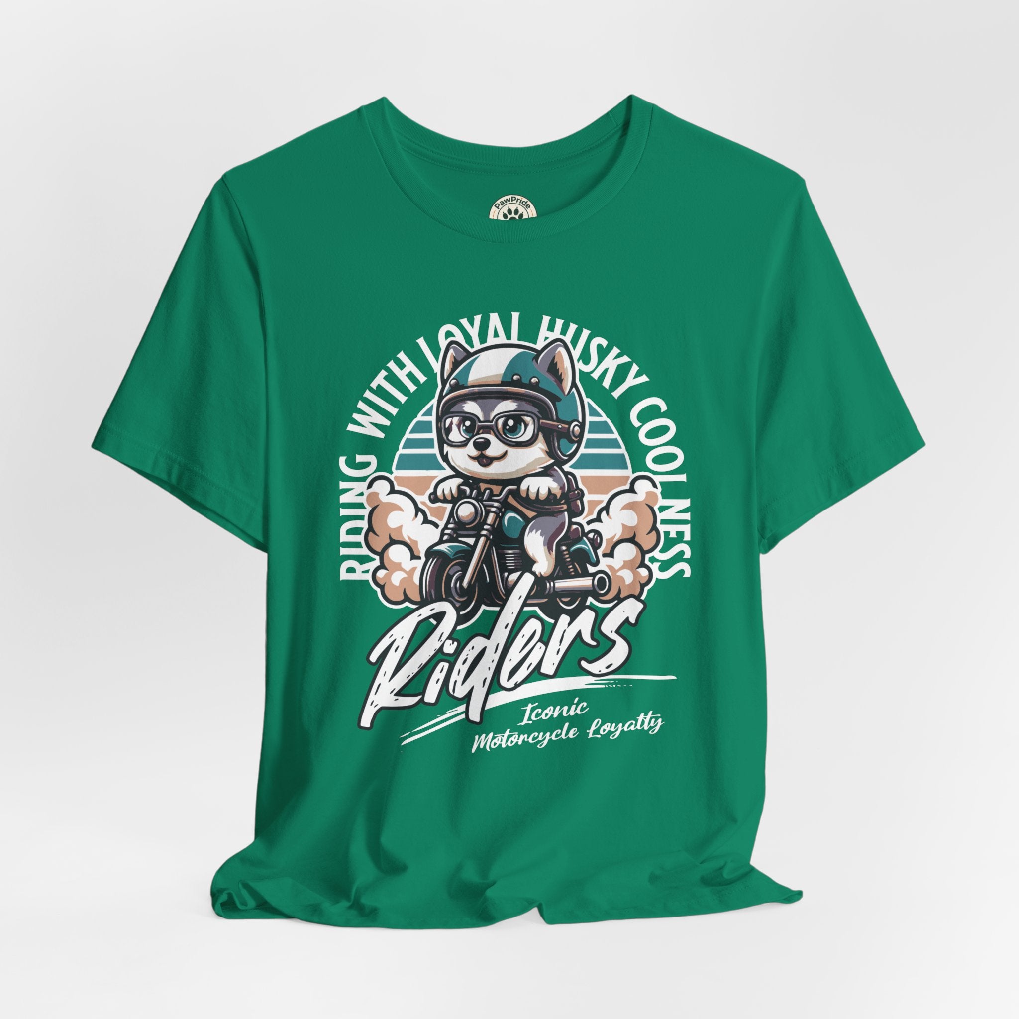 Riders Cat Motorcycle Tee — "Riding With Loyal Husky Coolness" Graphic Shirt