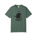 Funny Cat Holding Knife T-Shirt — "What?" Graphic Tee (Dark Humor, Halloween Gift)