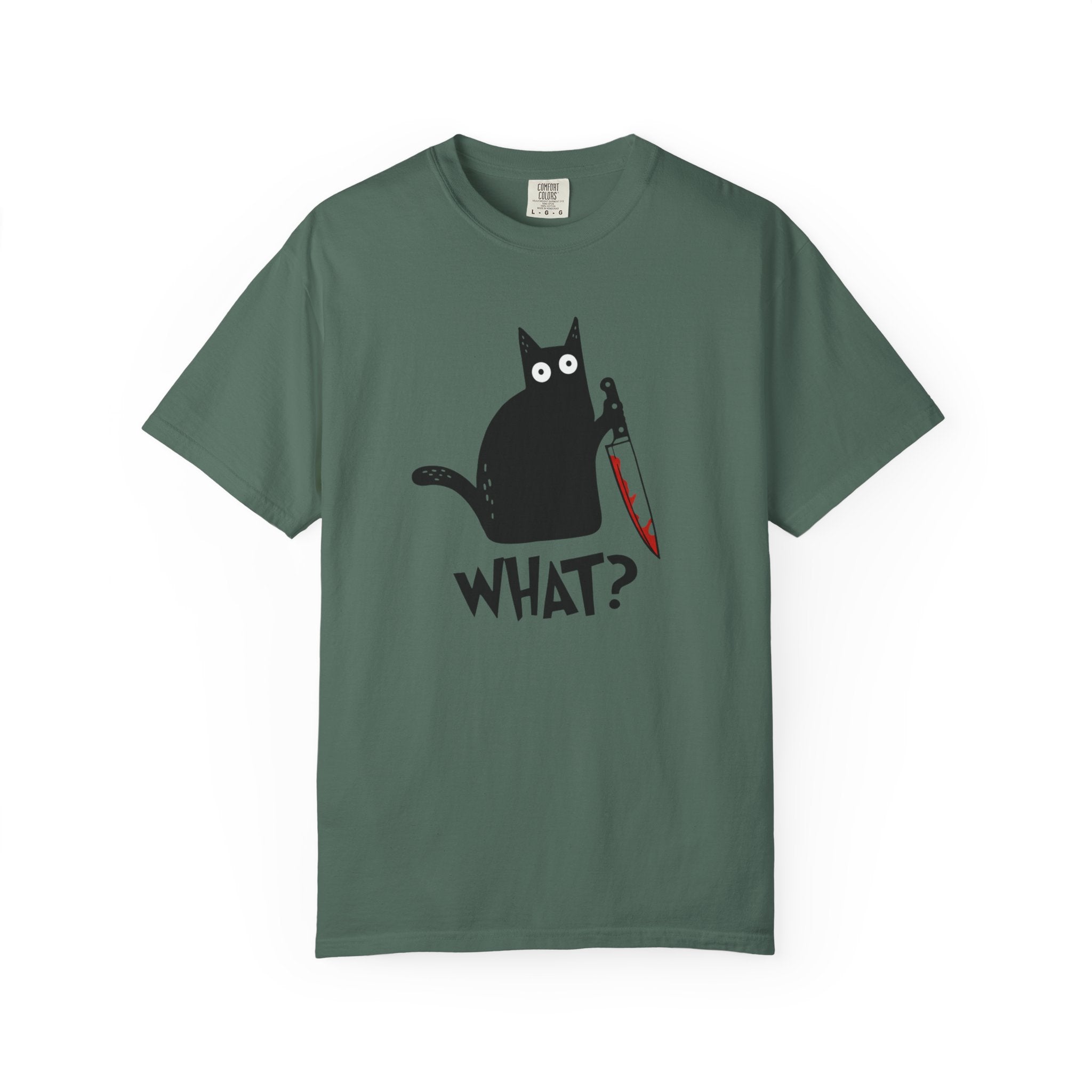 Funny Cat Holding Knife T-Shirt — "What?" Graphic Tee (Dark Humor, Halloween Gift)