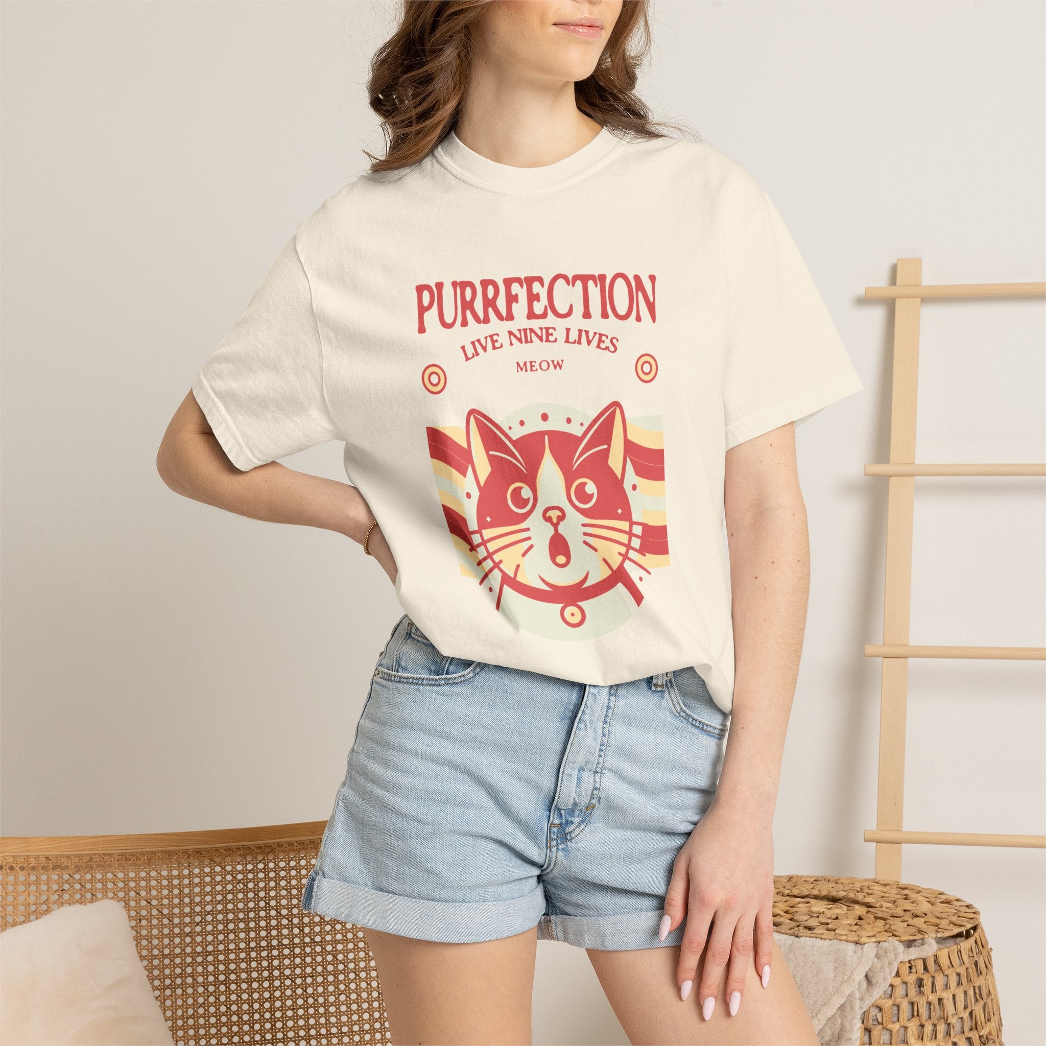 Purrfection Cat T-Shirt — "Purrfection Lives Nine Lives" Retro Cat Graphic Tee