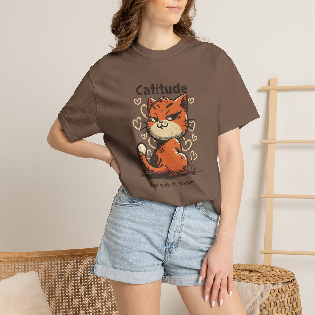 Catitude T-Shirt — Cute Orange Cat Graphic Tee, "Deal with it, human!"