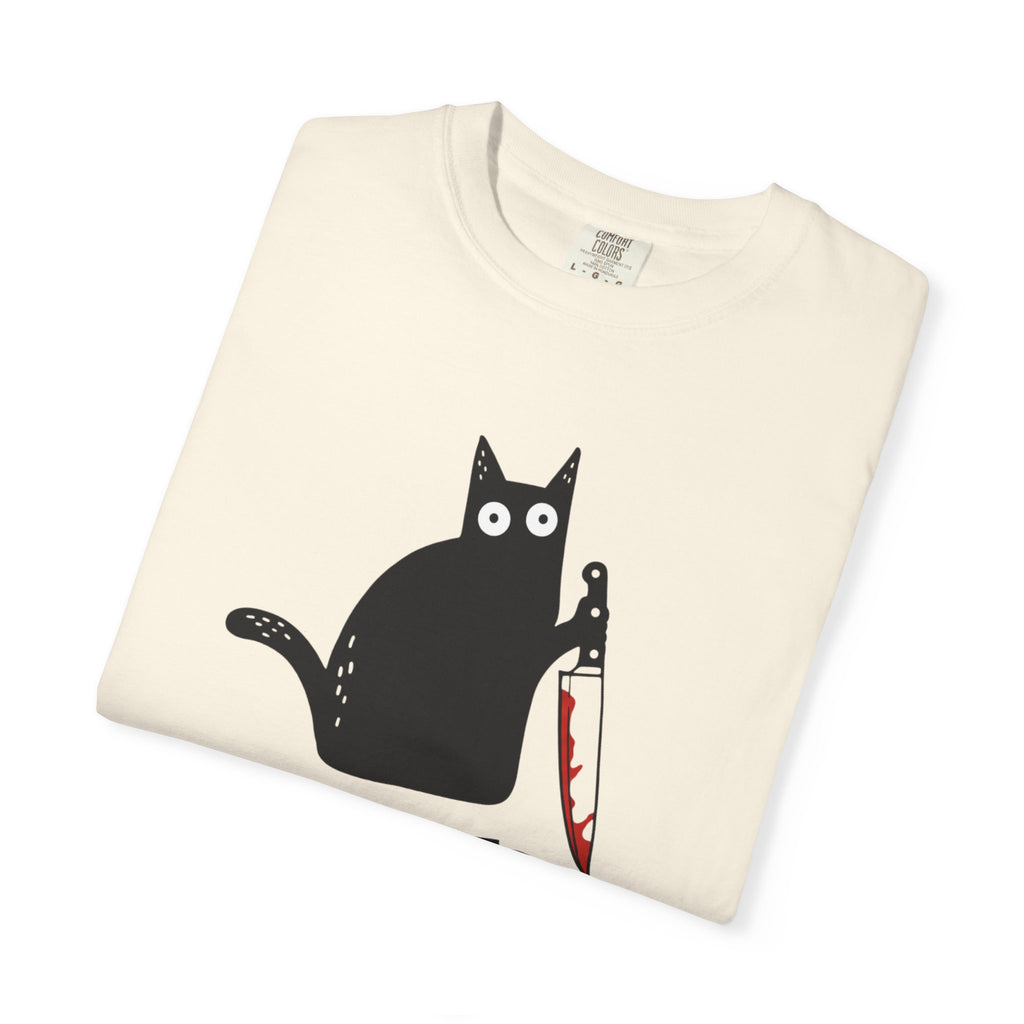 Funny Cat Holding Knife T-Shirt — "What?" Graphic Tee (Dark Humor, Halloween Gift)