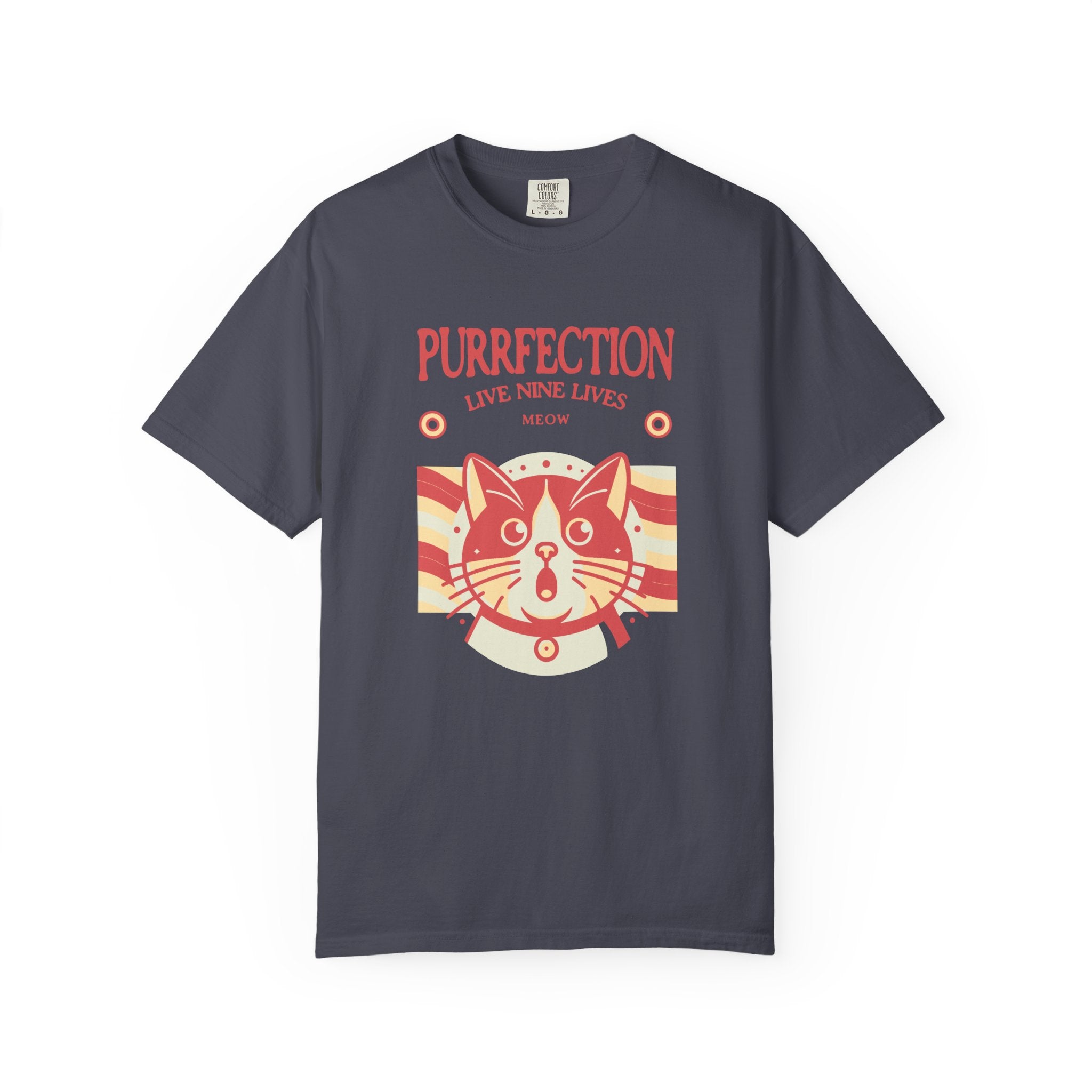 Purrfection Cat T-Shirt — "Purrfection Lives Nine Lives" Retro Cat Graphic Tee