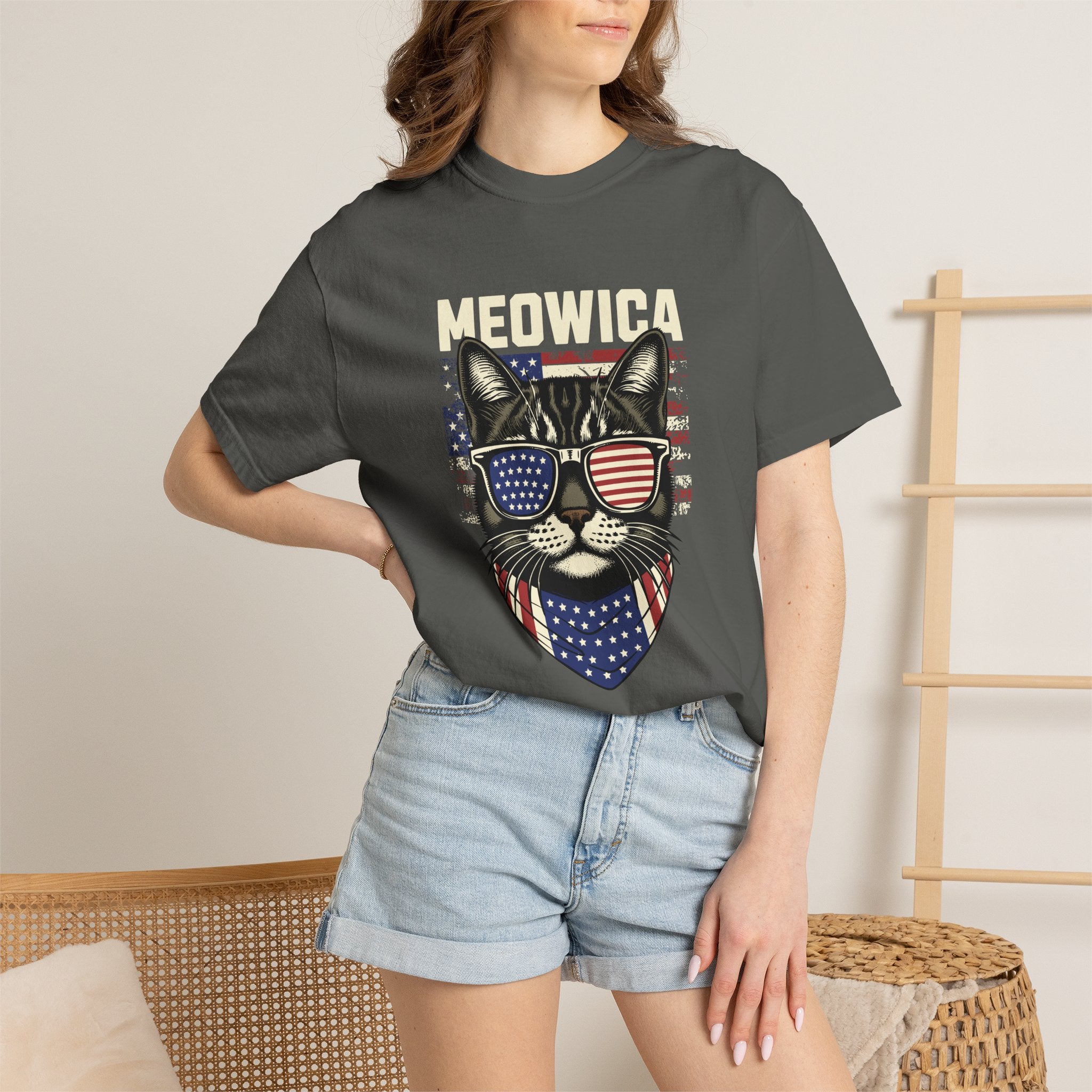 Meowica Cat T-Shirt — Patriotic American Flag Kitty Graphic Tee
