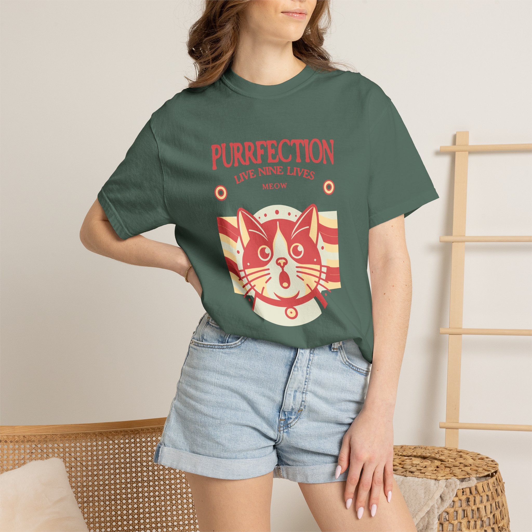 Purrfection Cat T-Shirt — "Purrfection Lives Nine Lives" Retro Cat Graphic Tee
