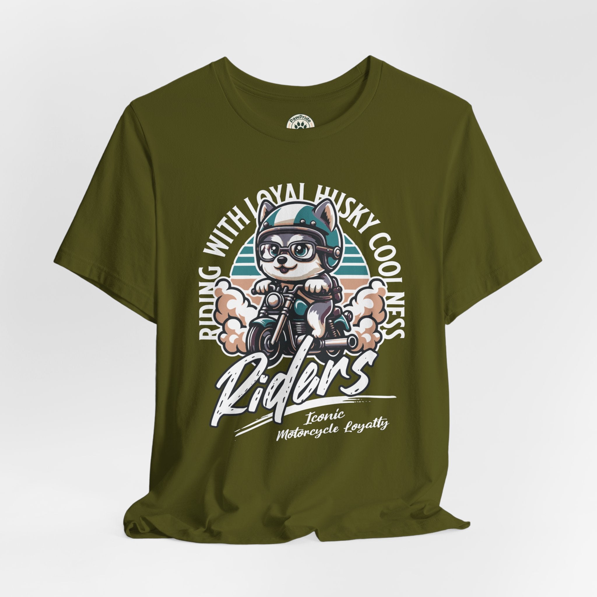 Riders Cat Motorcycle Tee — "Riding With Loyal Husky Coolness" Graphic Shirt