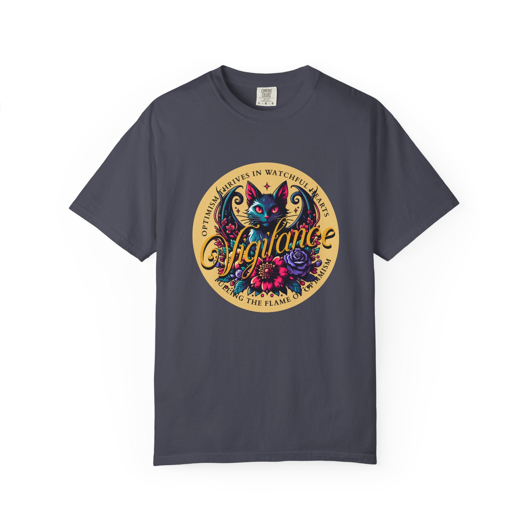 Vigilance Cat Graphic T-Shirt — Retro Floral Crest Tee