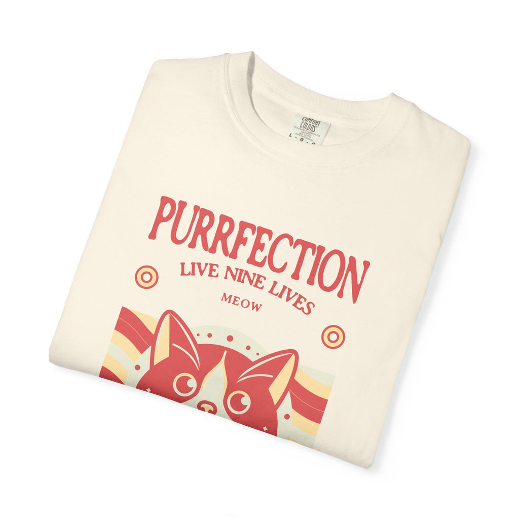 Purrfection Cat T-Shirt — "Purrfection Lives Nine Lives" Retro Cat Graphic Tee