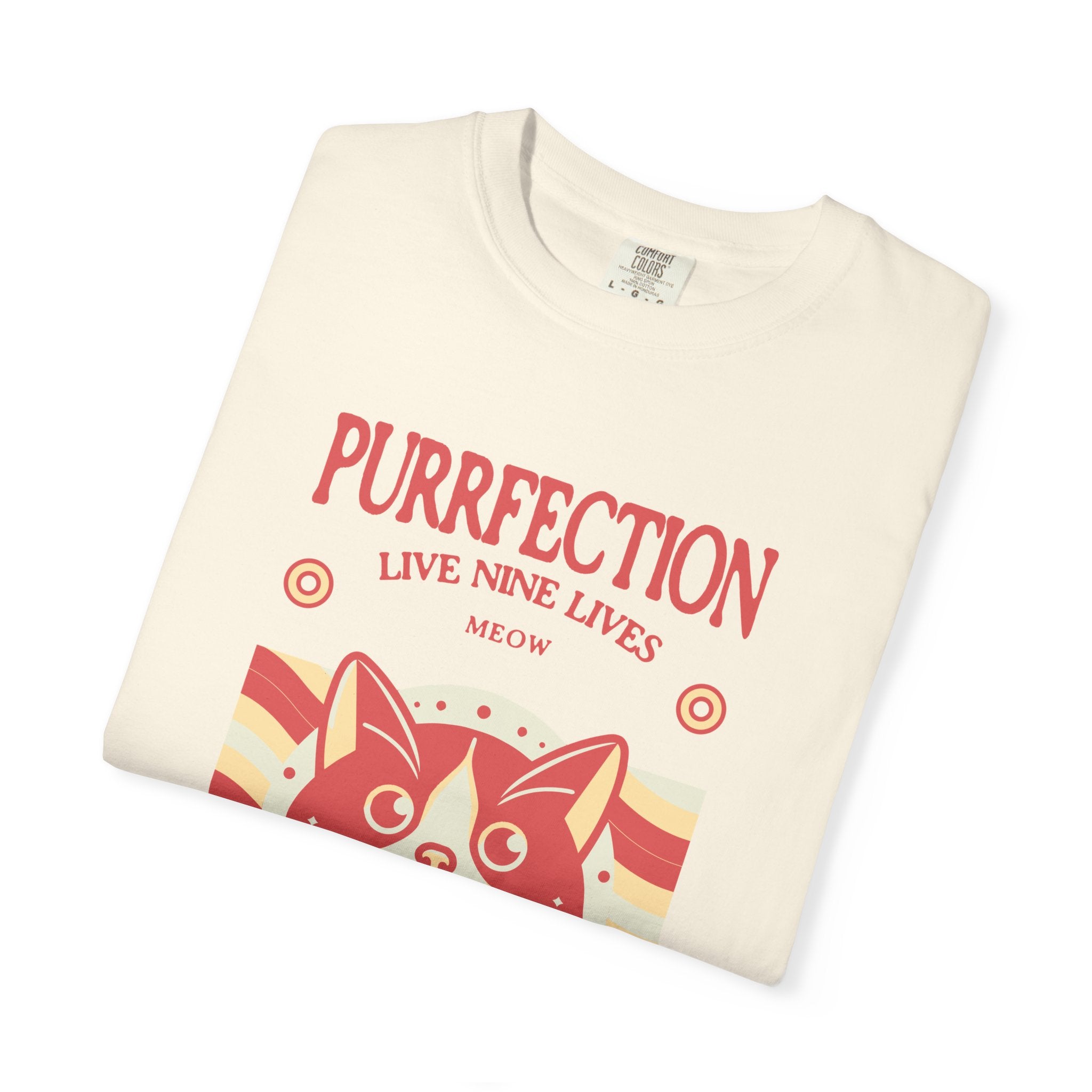 Purrfection Cat T-Shirt — "Purrfection Lives Nine Lives" Retro Cat Graphic Tee