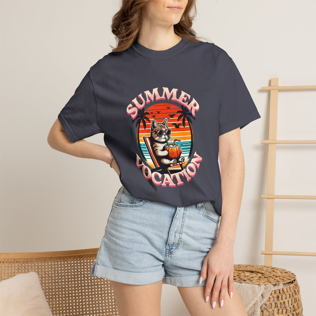 Summer Vacation T‑Shirt — Retro Cat on Beach Graphic