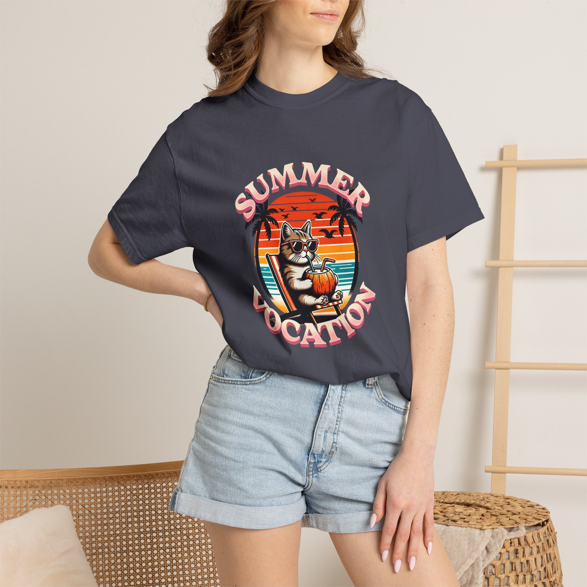 Summer Vacation T‑Shirt — Retro Cat on Beach Graphic