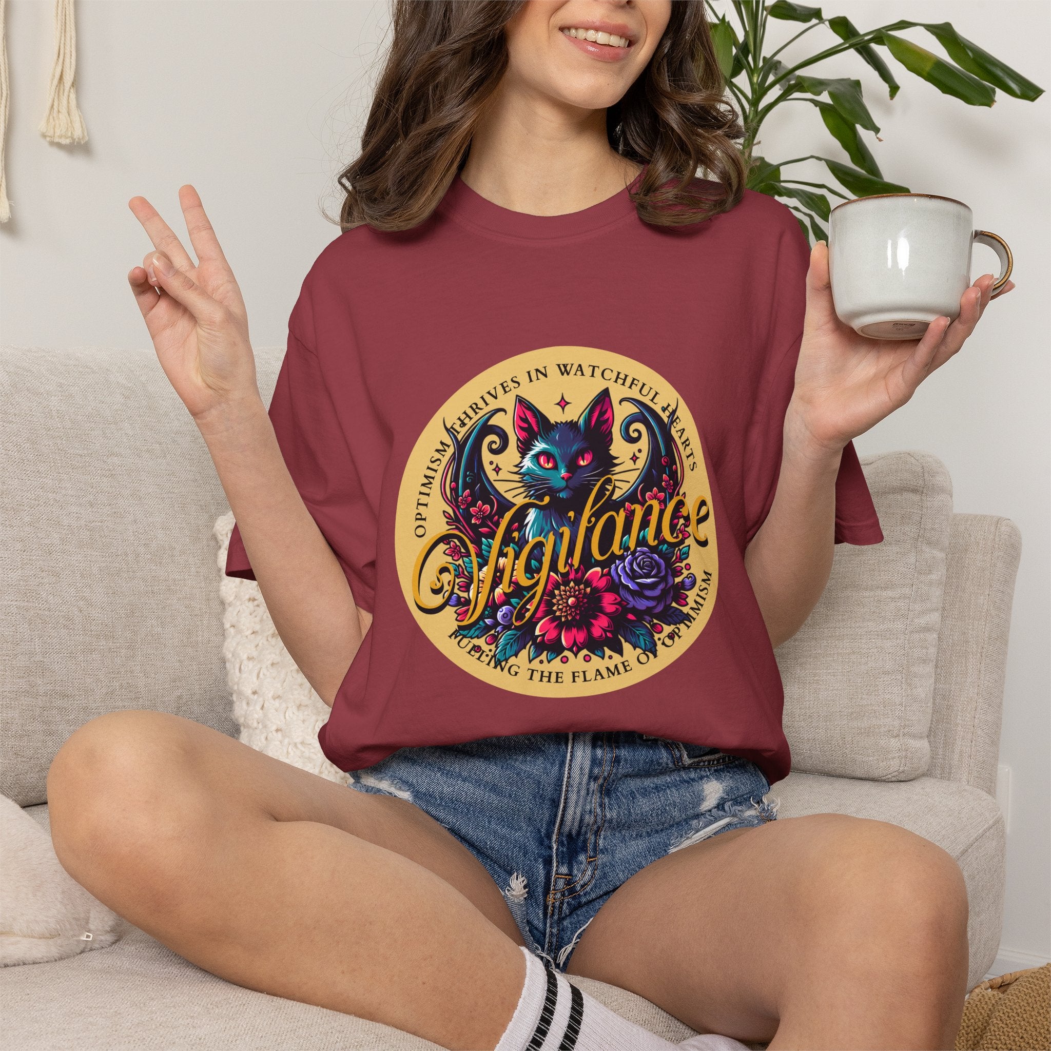 Vigilance Cat Graphic T-Shirt — Retro Floral Crest Tee