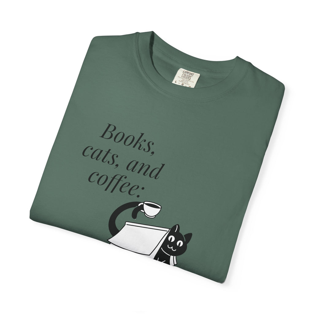 Books, Cats, and Coffee T-Shirt — "Perfect Trio" Cozy Reader Tee