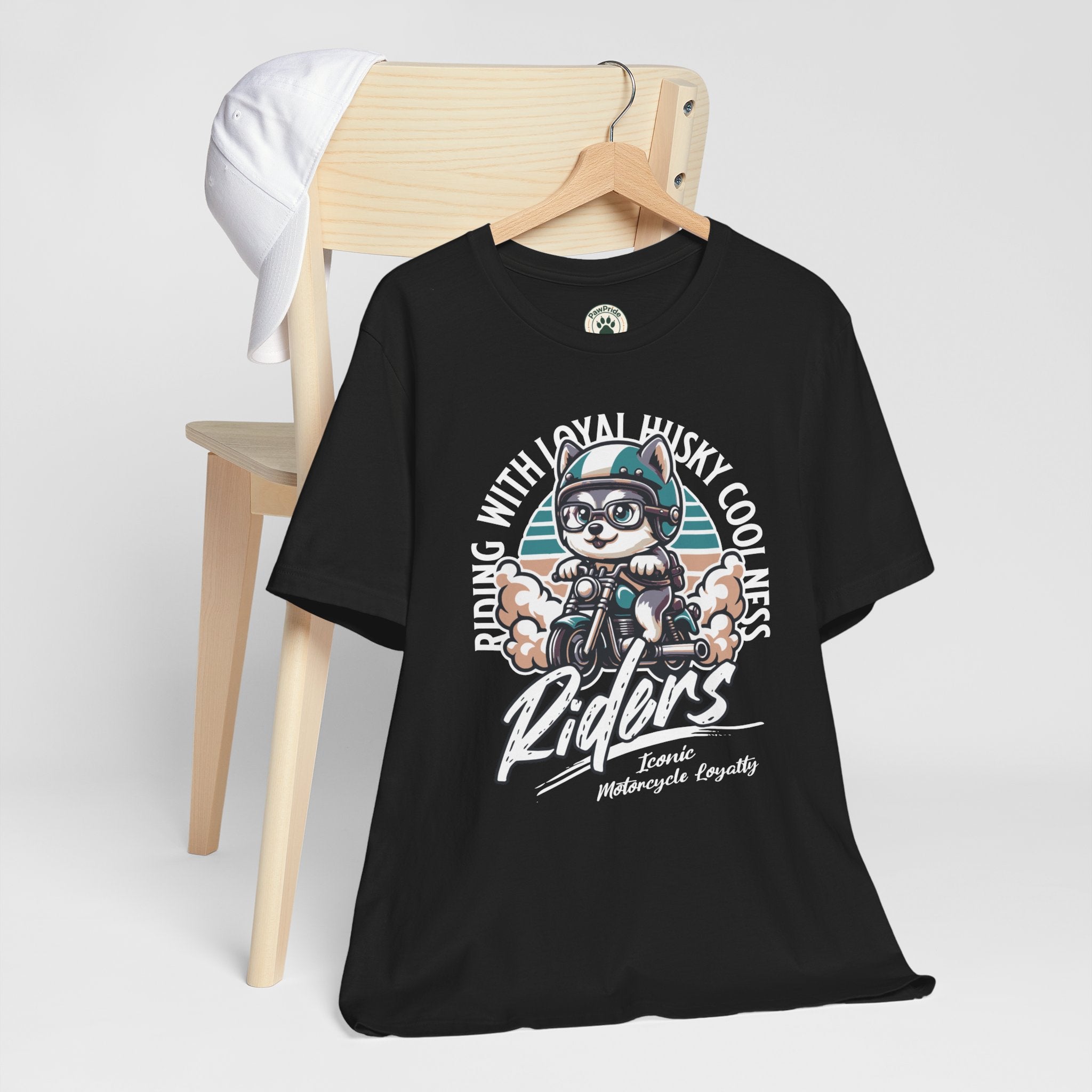 Riders Cat Motorcycle Tee — "Riding With Loyal Husky Coolness" Graphic Shirt