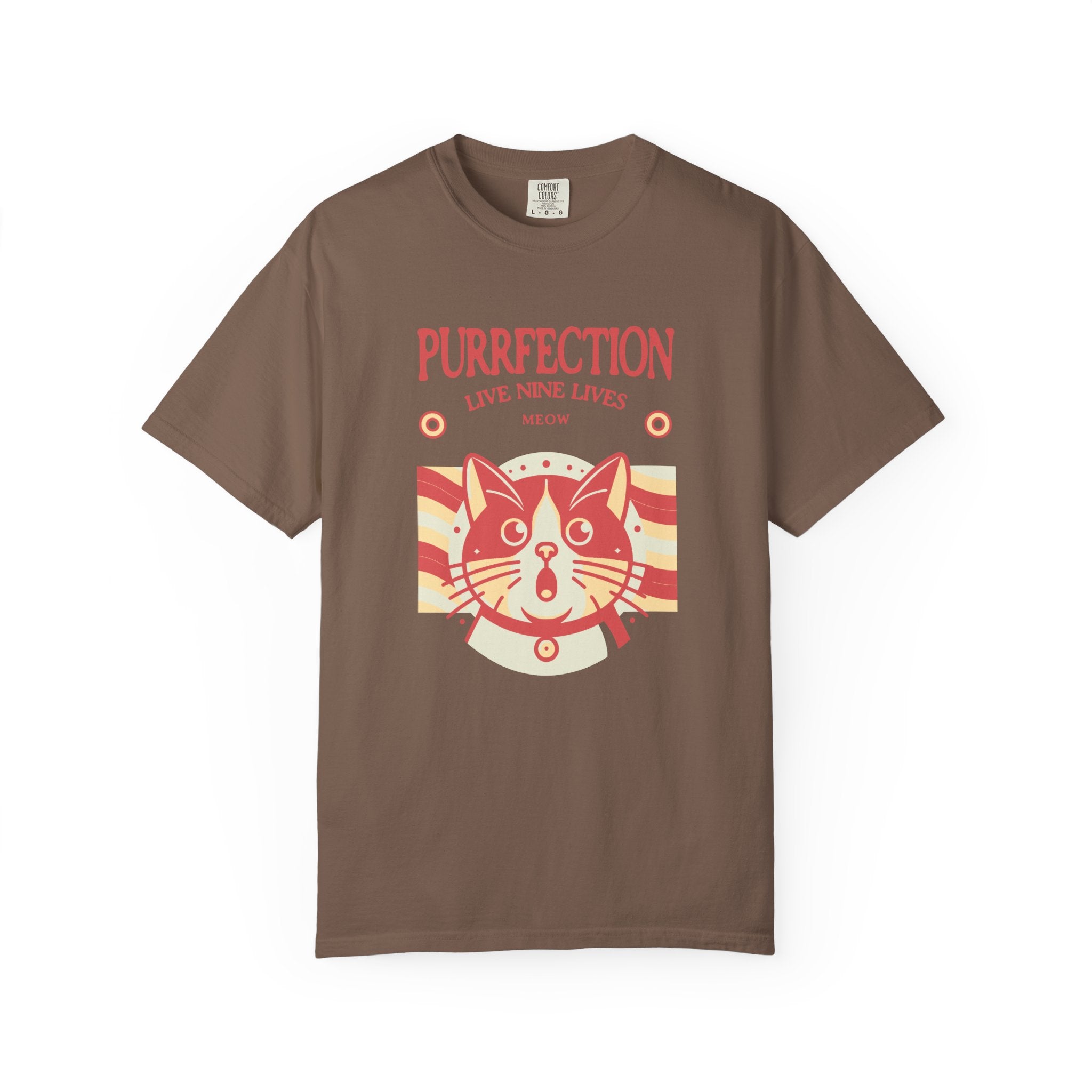 Purrfection Cat T-Shirt — "Purrfection Lives Nine Lives" Retro Cat Graphic Tee