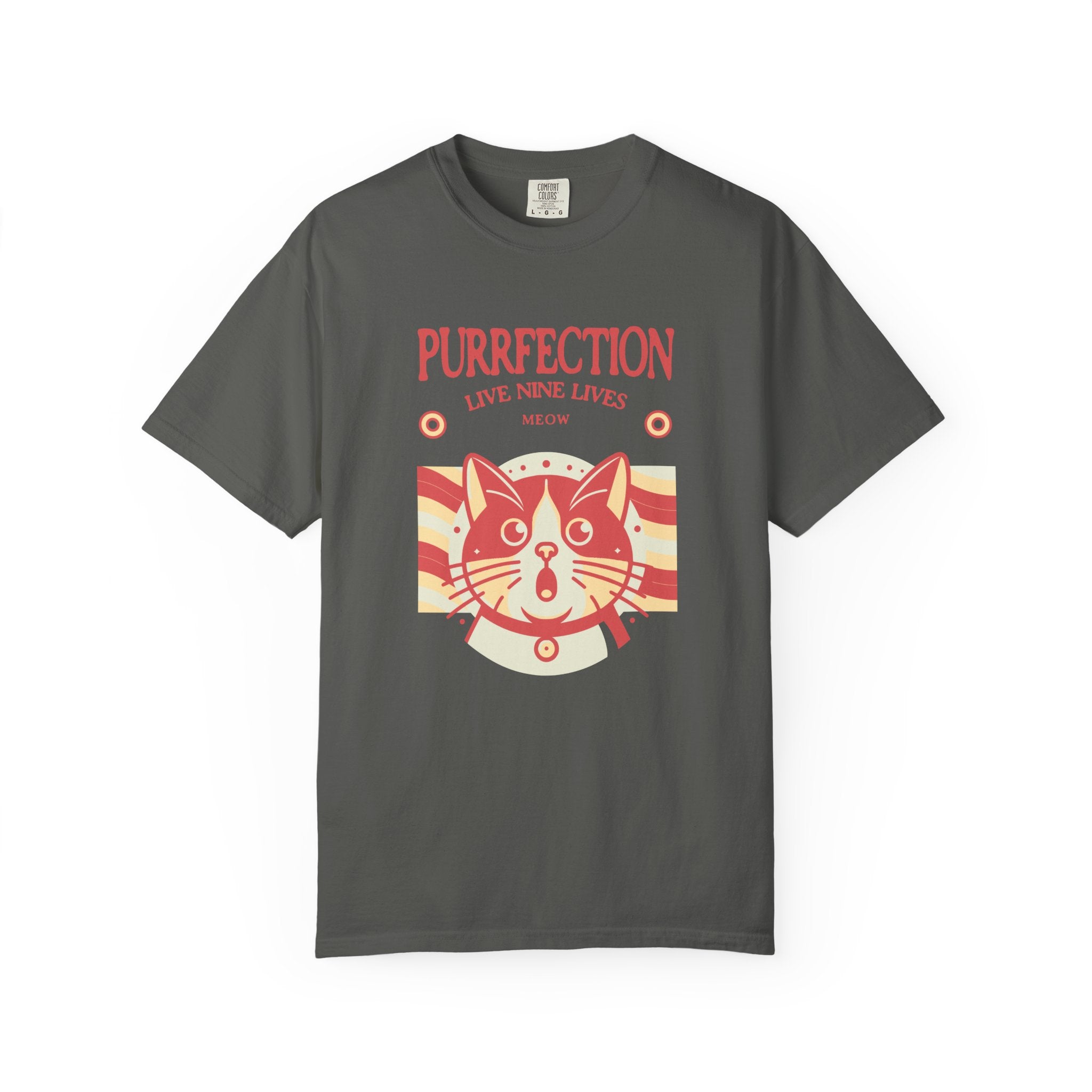 Purrfection Cat T-Shirt — "Purrfection Lives Nine Lives" Retro Cat Graphic Tee
