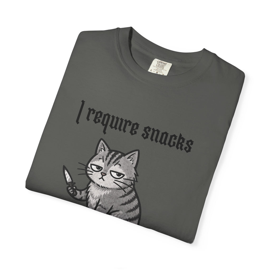 I Require Snacks Cat T‑Shirt — Cute Grumpy Kitty Graphic Tee