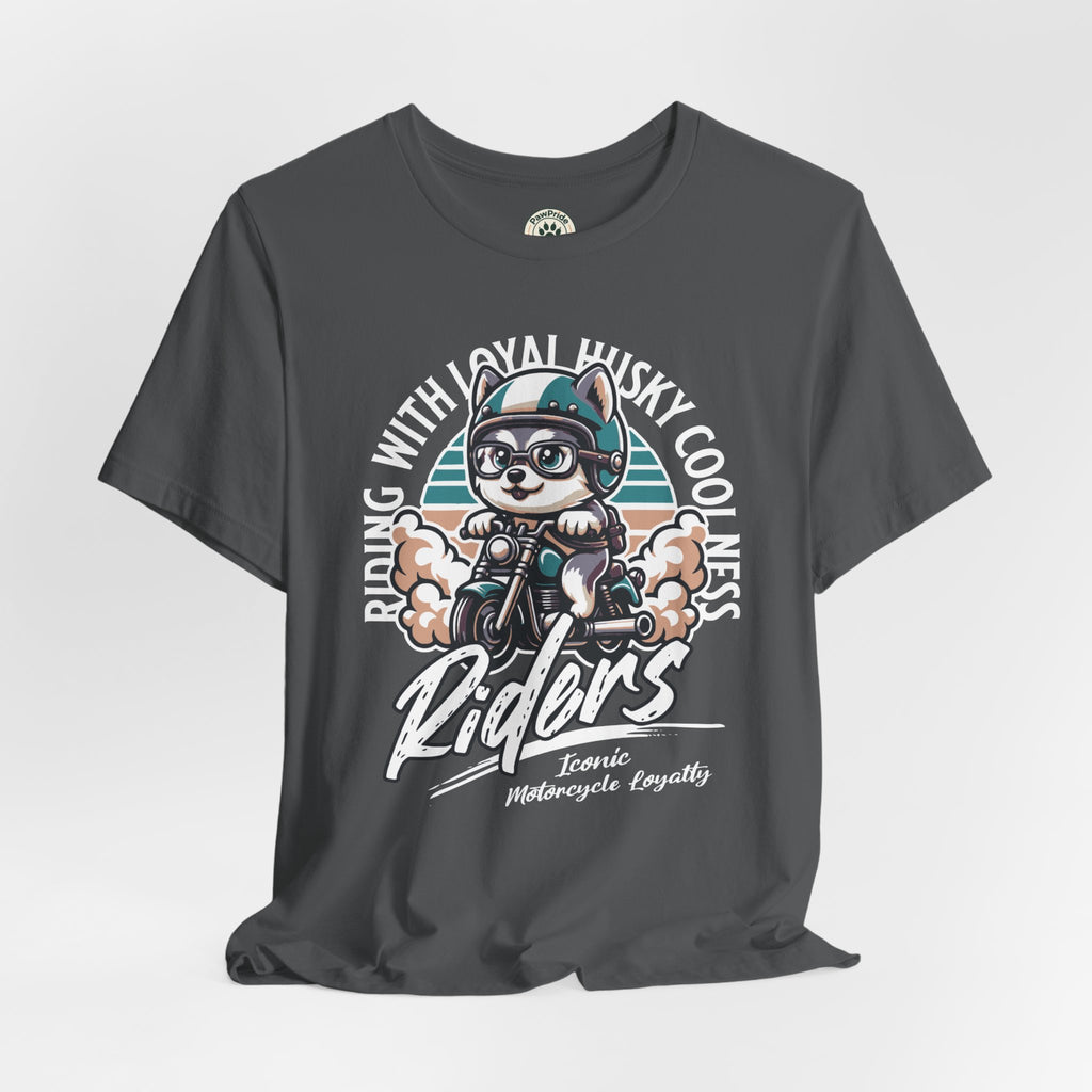 Riders Cat Motorcycle Tee — "Riding With Loyal Husky Coolness" Graphic Shirt