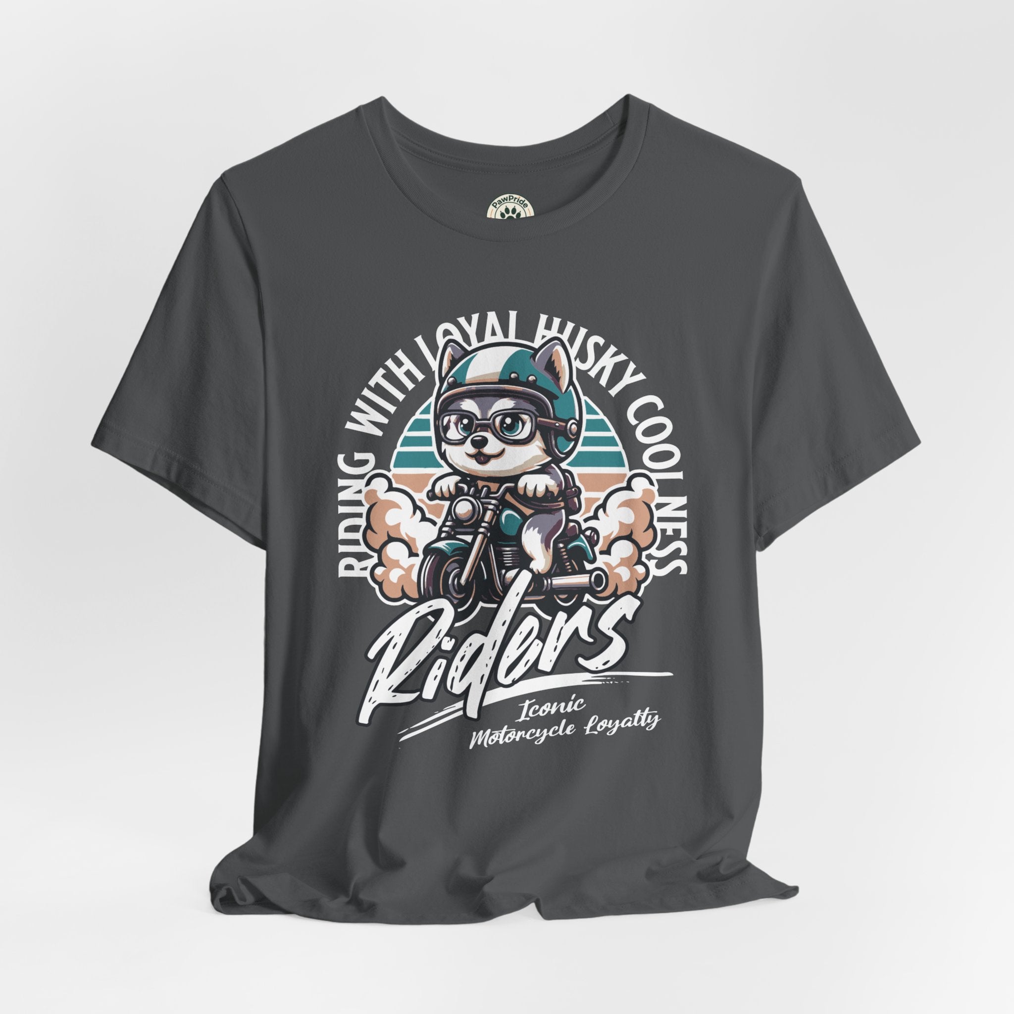 Riders Cat Motorcycle Tee — "Riding With Loyal Husky Coolness" Graphic Shirt