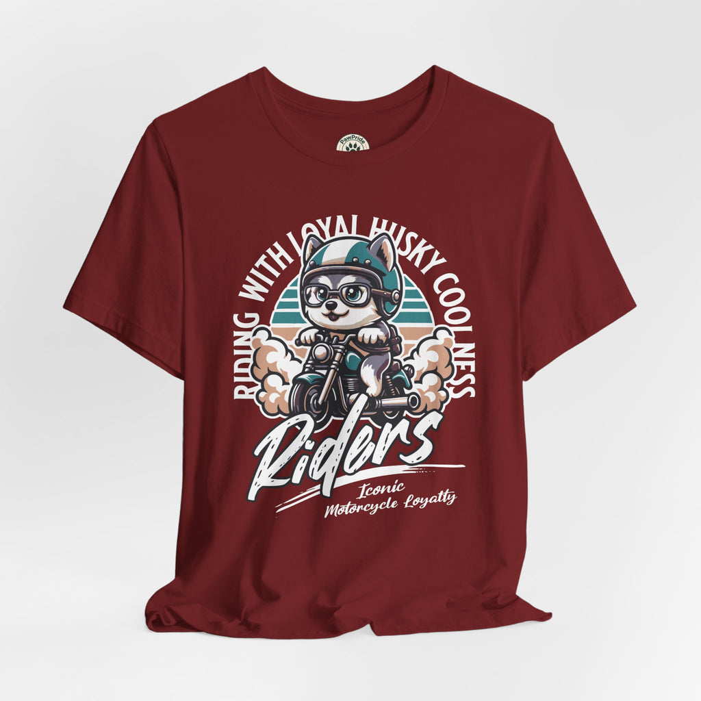 Riders Cat Motorcycle Tee — "Riding With Loyal Husky Coolness" Graphic Shirt
