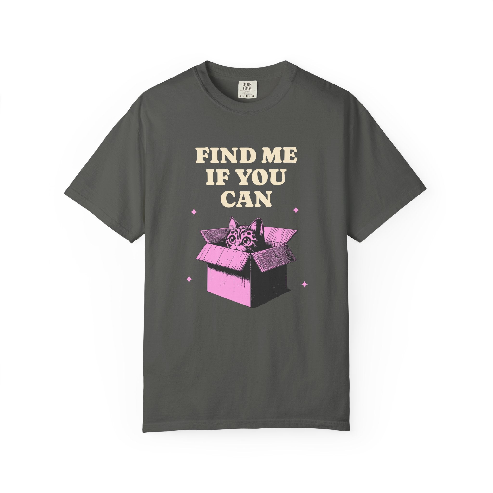 Find Me If You Can Cat T-Shirt — Playful Cat in Box Graphic Tee