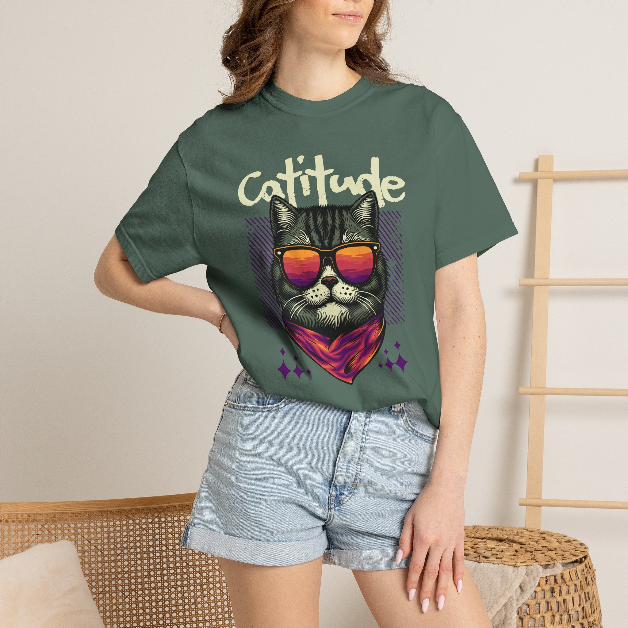 Cattitude Cat Tee — Retro Sunglasses & Bandana Graphic T-Shirt