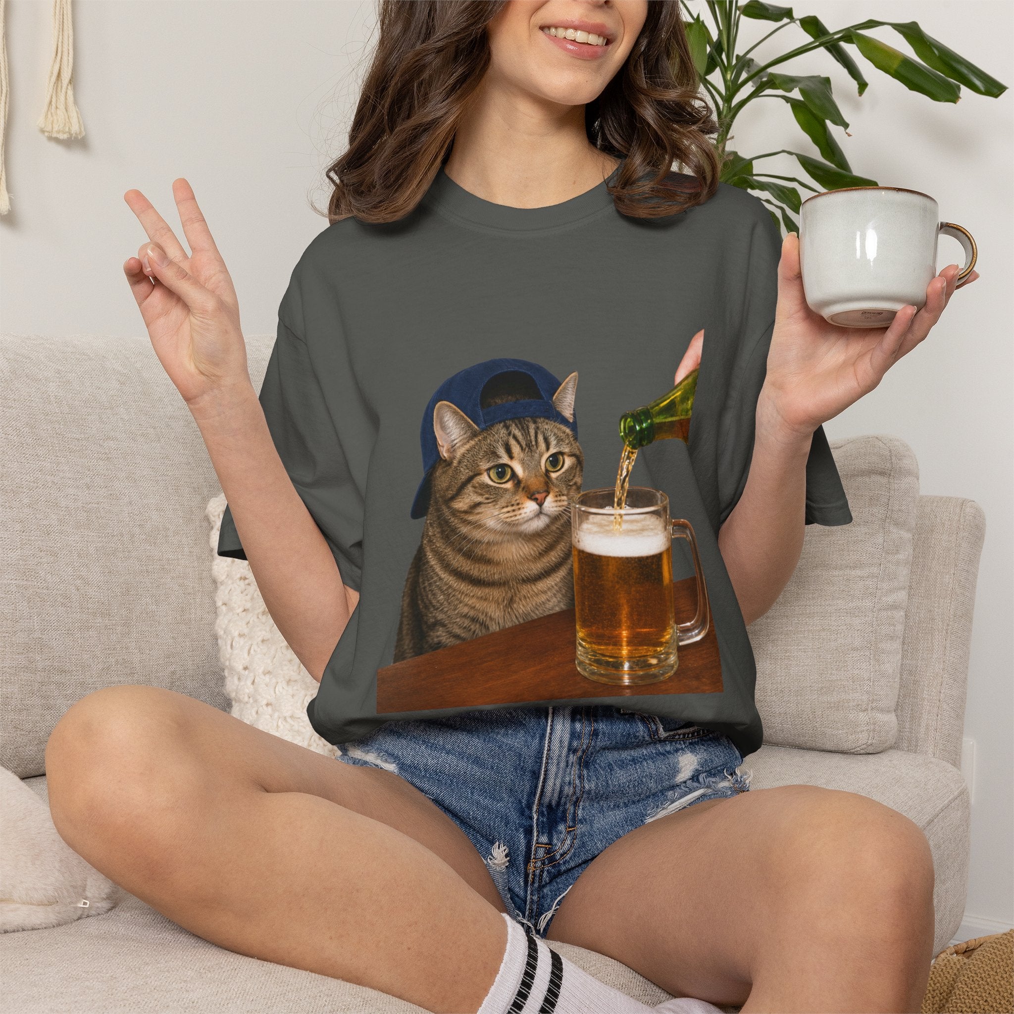 Cat With Beer T-Shirt — Funny Cat Drinking Beer Graphic Tee