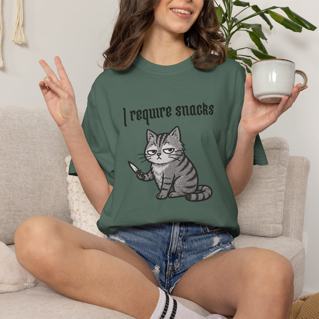 I Require Snacks Cat T‑Shirt — Cute Grumpy Kitty Graphic Tee