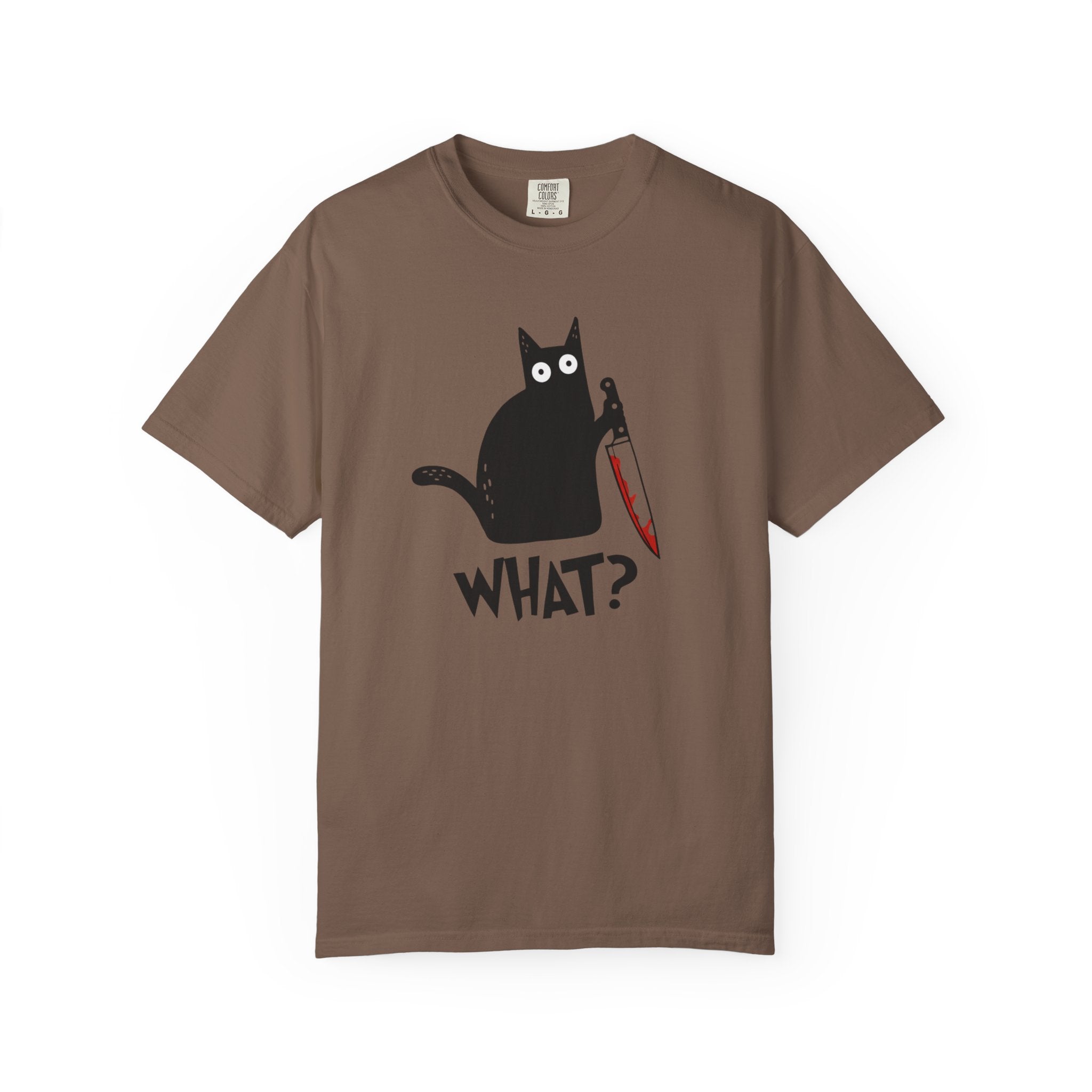 Funny Cat Holding Knife T-Shirt — "What?" Graphic Tee (Dark Humor, Halloween Gift)