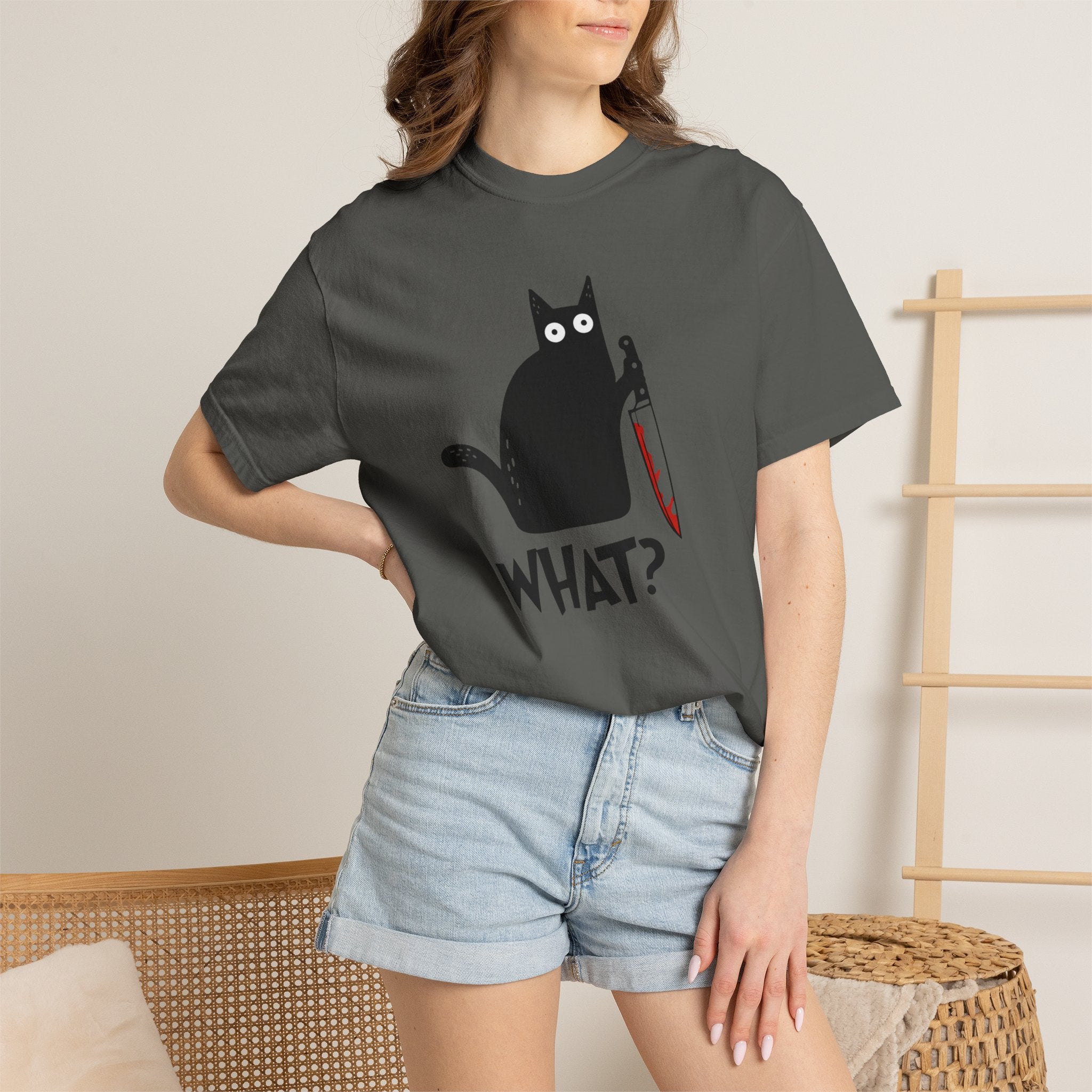 Funny Cat Holding Knife T-Shirt — "What?" Graphic Tee (Dark Humor, Halloween Gift)