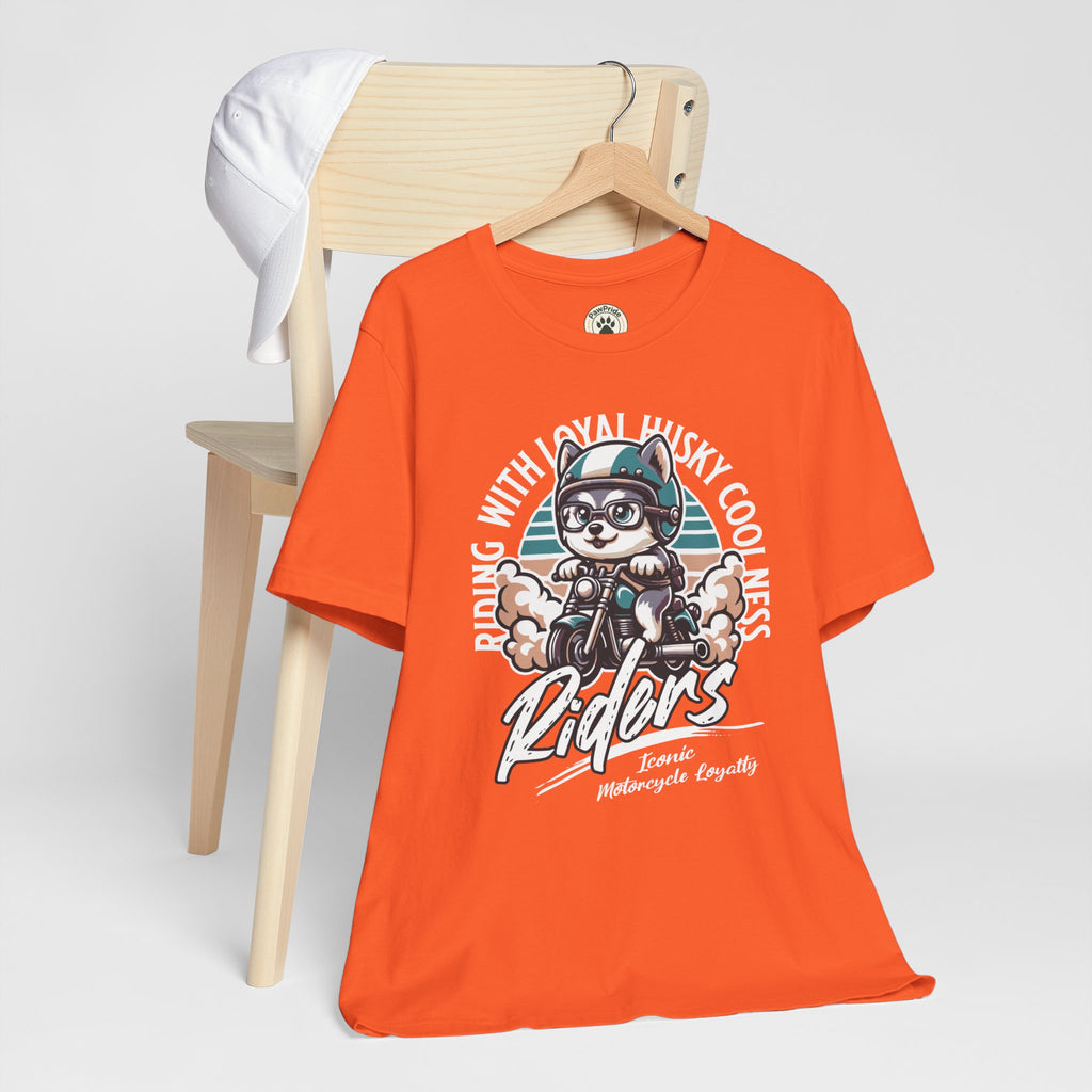 Riders Cat Motorcycle Tee — "Riding With Loyal Husky Coolness" Graphic Shirt