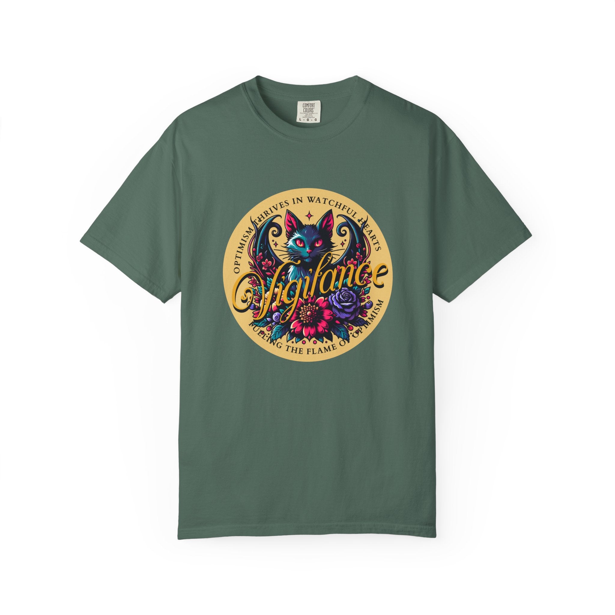 Vigilance Cat Graphic T-Shirt — Retro Floral Crest Tee