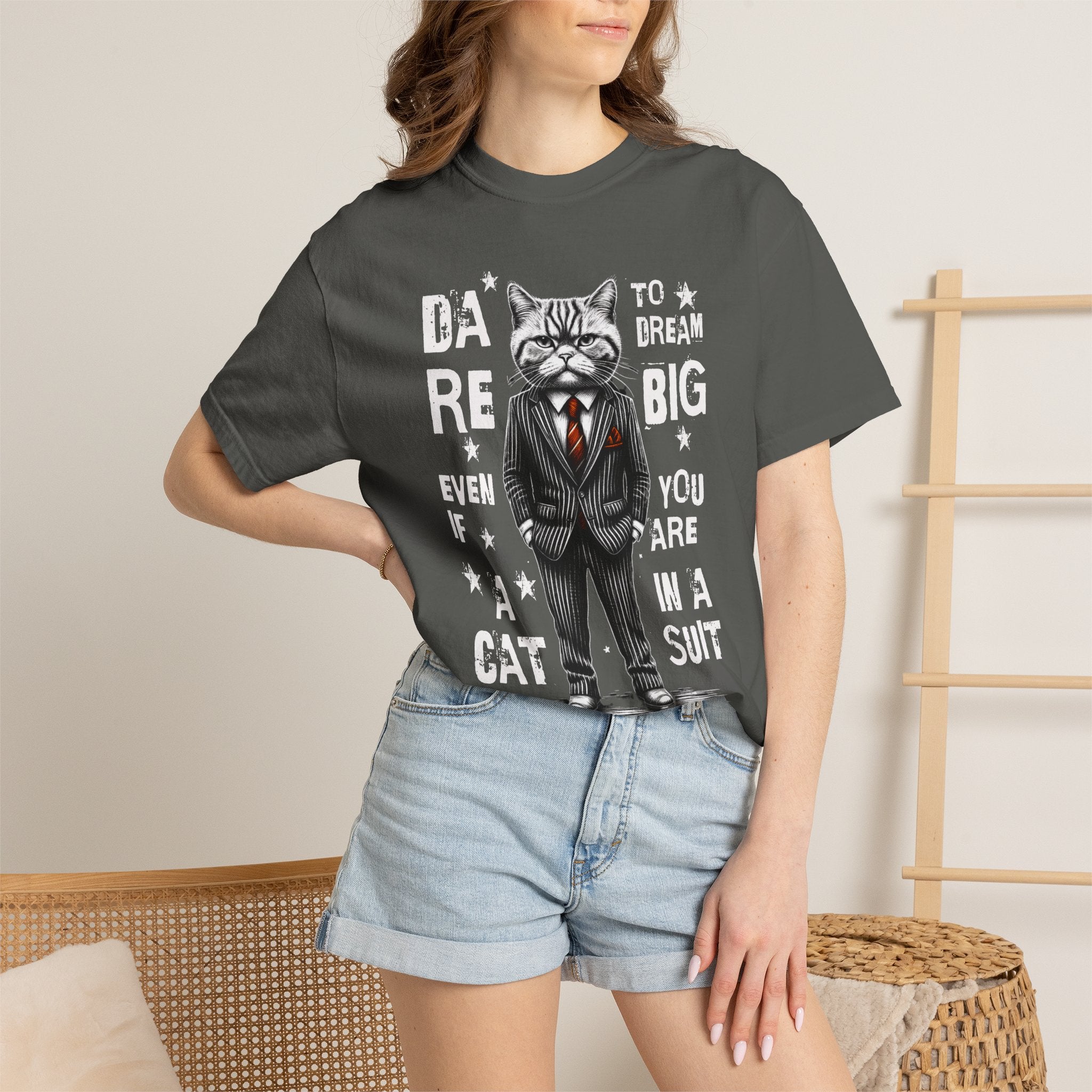 Cat in a Suit T-Shirt — "Dare to Dream Big Even If You Are a Cat" Motivational Tee