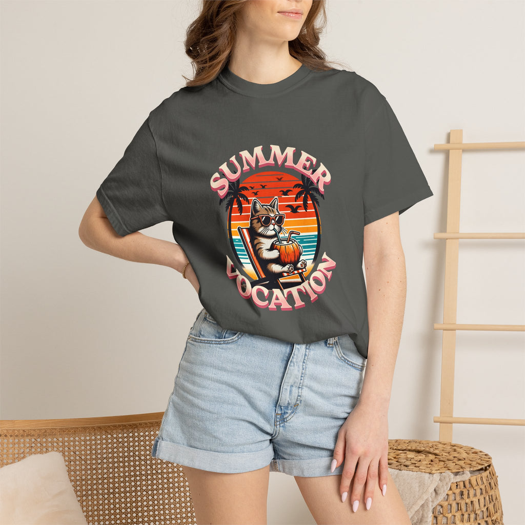 Summer Vacation T‑Shirt — Retro Cat on Beach Graphic