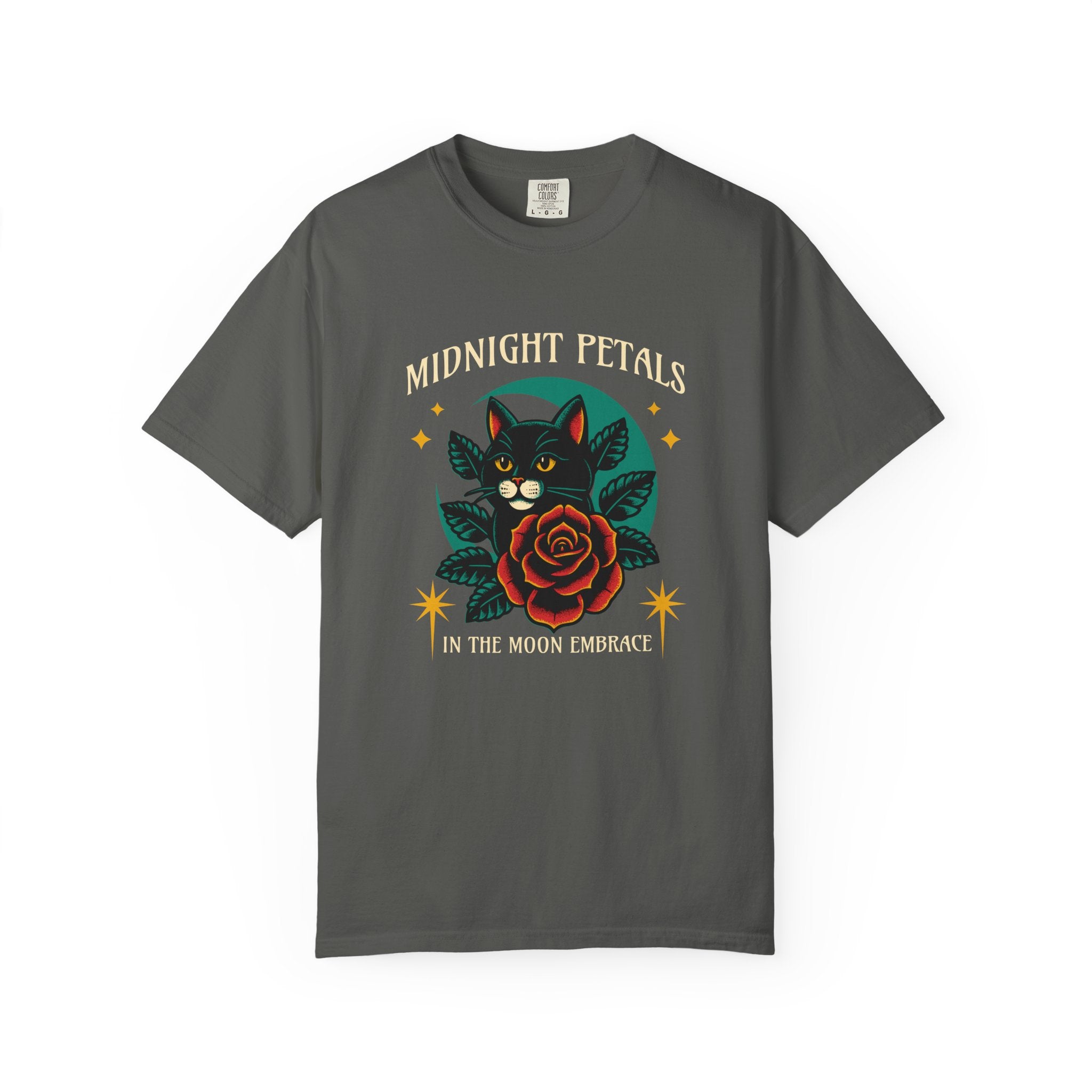 Midnight Petals Cat & Rose Tee — "Midnight Petals: In the Moon Embrace"