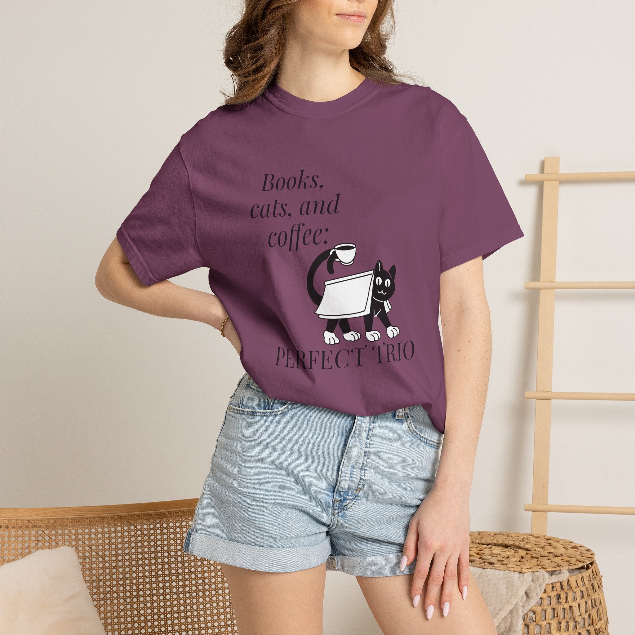 Books, Cats, and Coffee T-Shirt — "Perfect Trio" Cozy Reader Tee