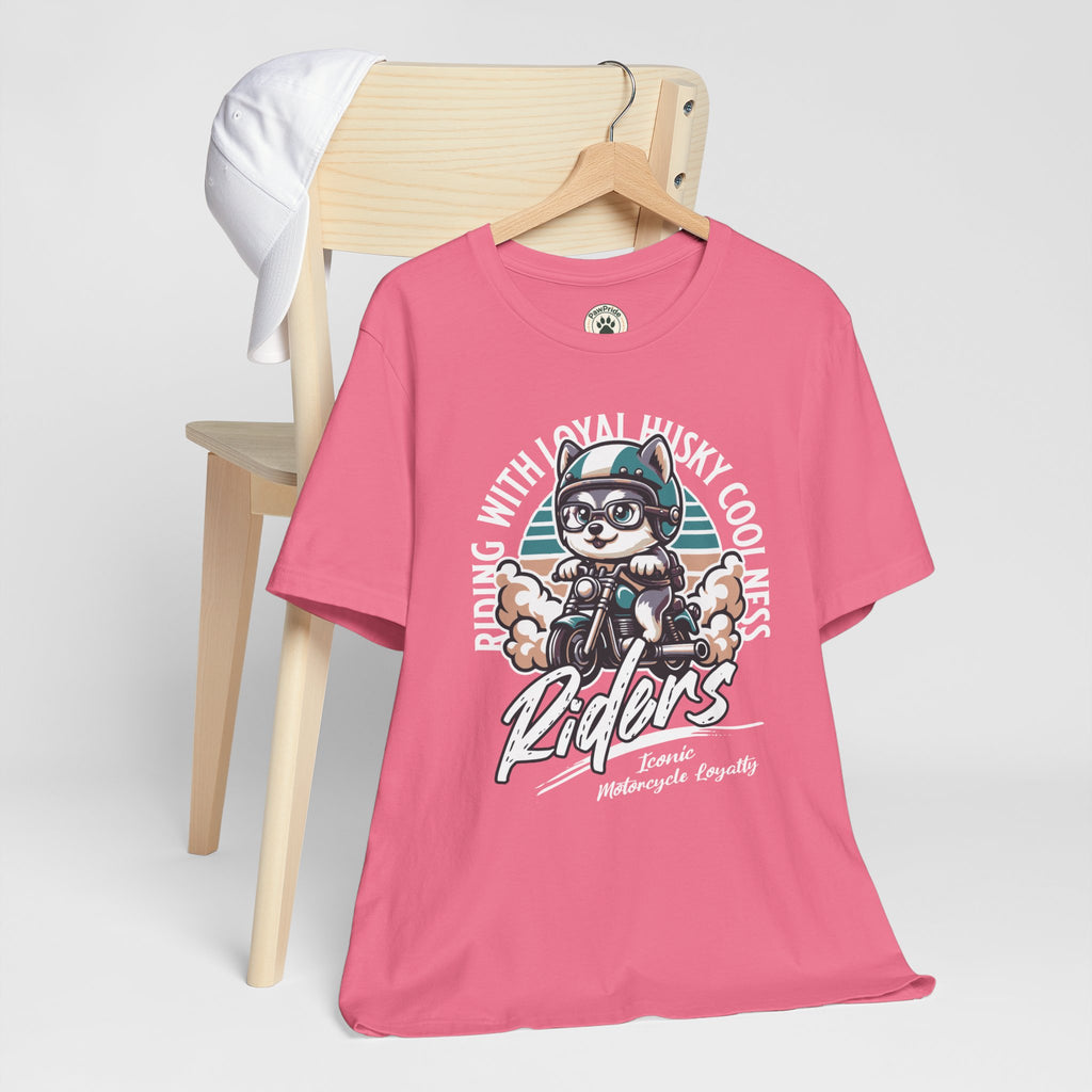 Riders Cat Motorcycle Tee — "Riding With Loyal Husky Coolness" Graphic Shirt