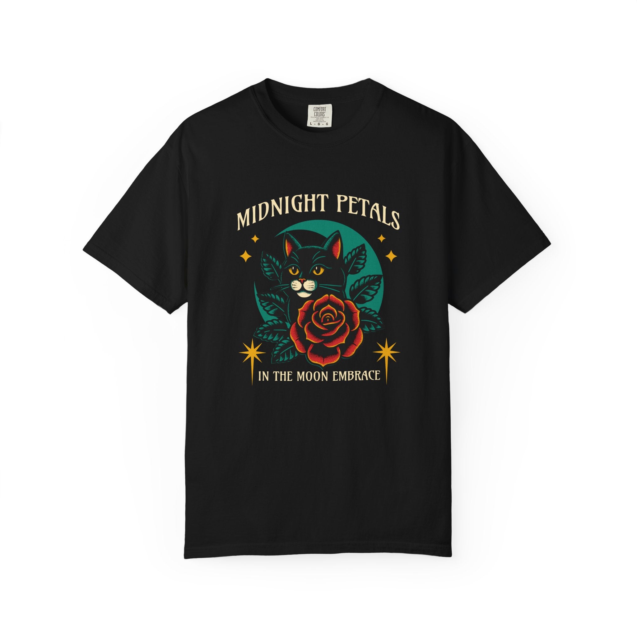 Midnight Petals Cat & Rose Tee — "Midnight Petals: In the Moon Embrace"
