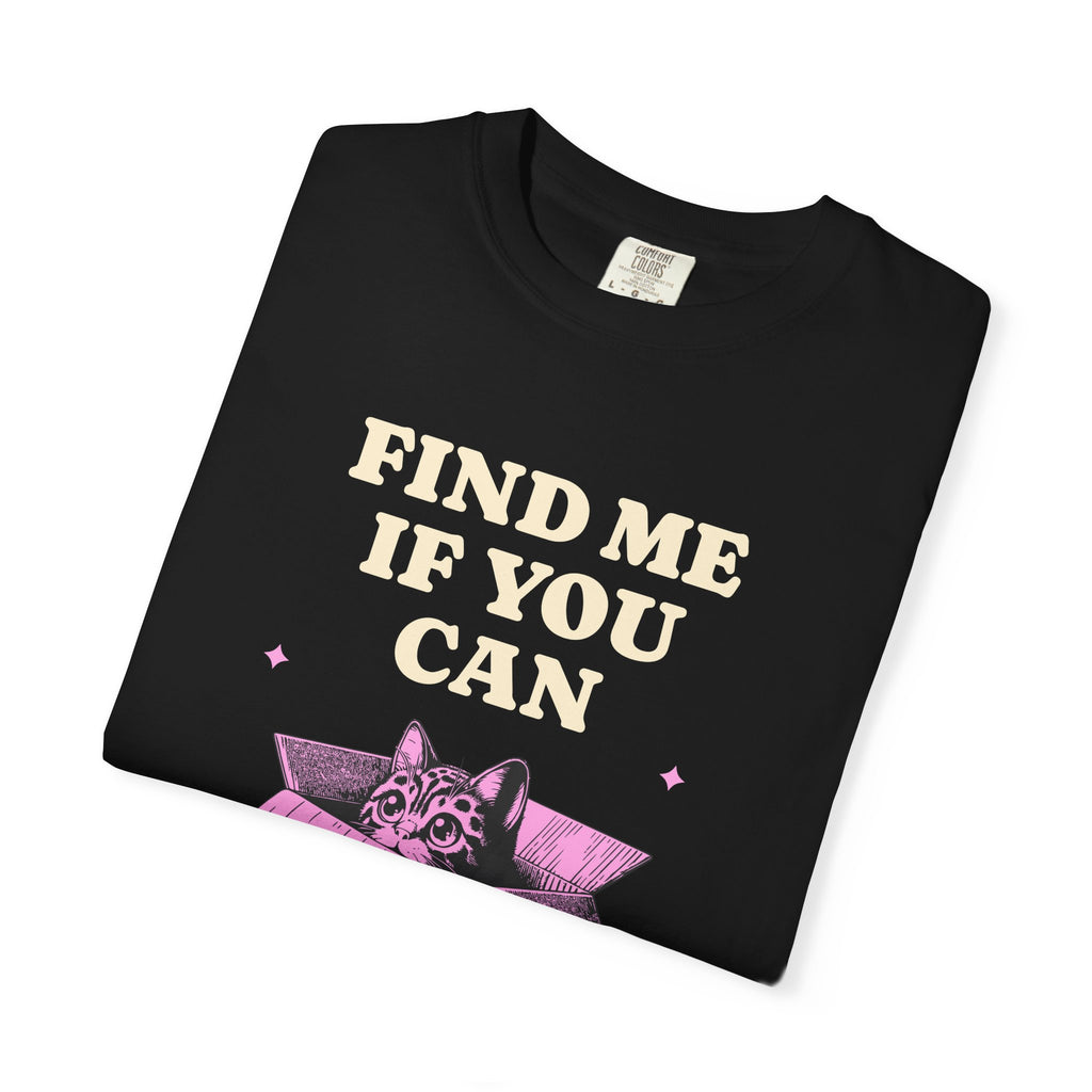 Find Me If You Can Cat T-Shirt — Playful Cat in Box Graphic Tee