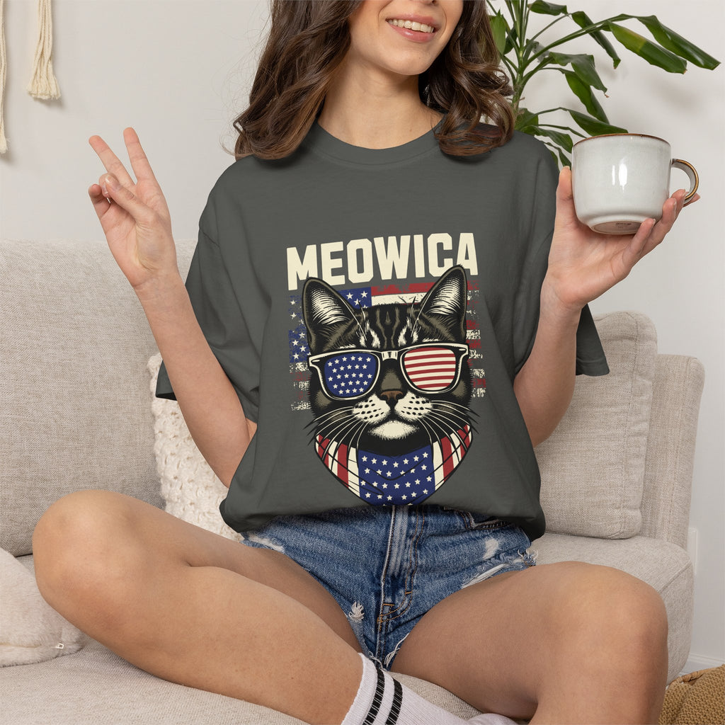 Meowica Cat T-Shirt — Patriotic American Flag Kitty Graphic Tee