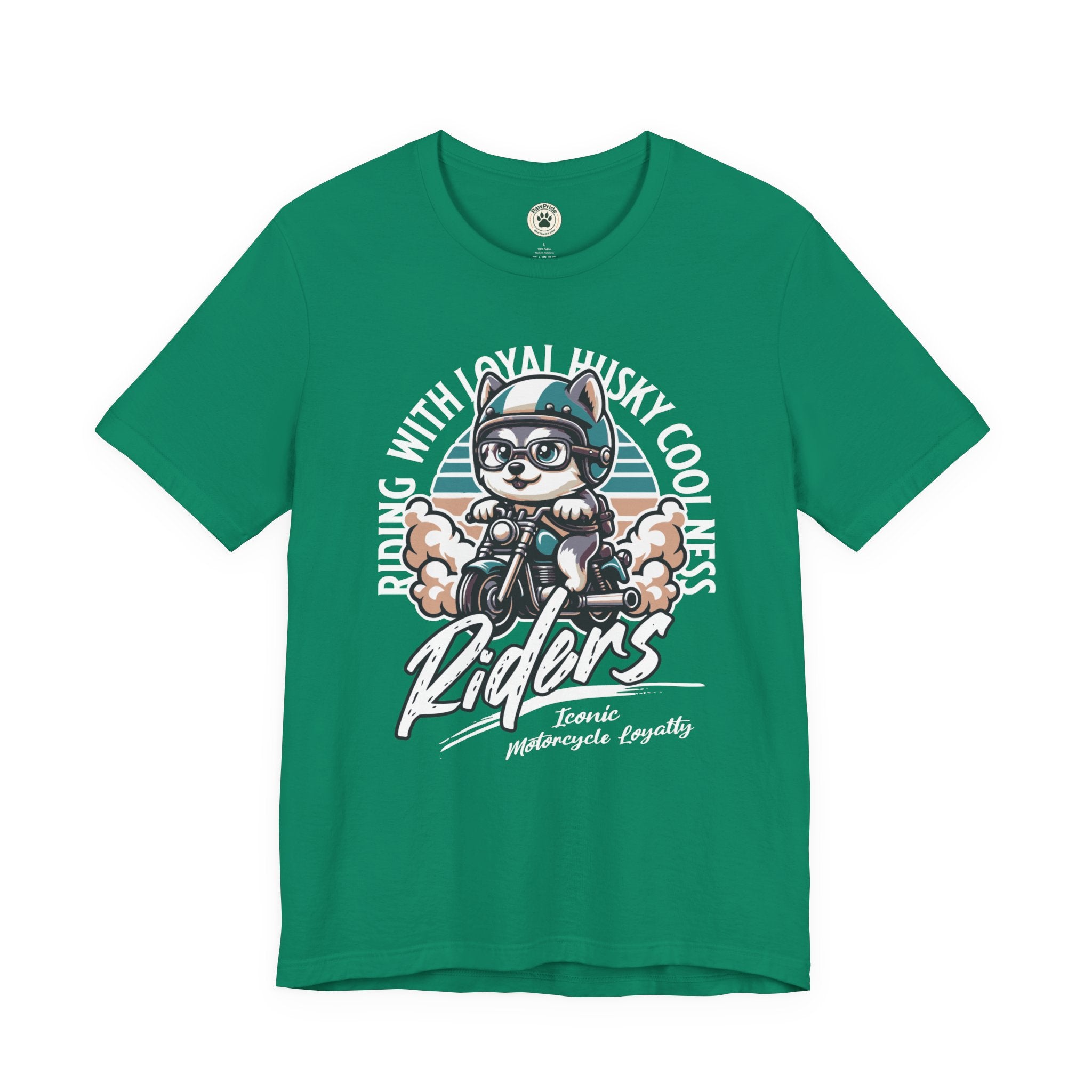Riders Cat Motorcycle Tee — "Riding With Loyal Husky Coolness" Graphic Shirt